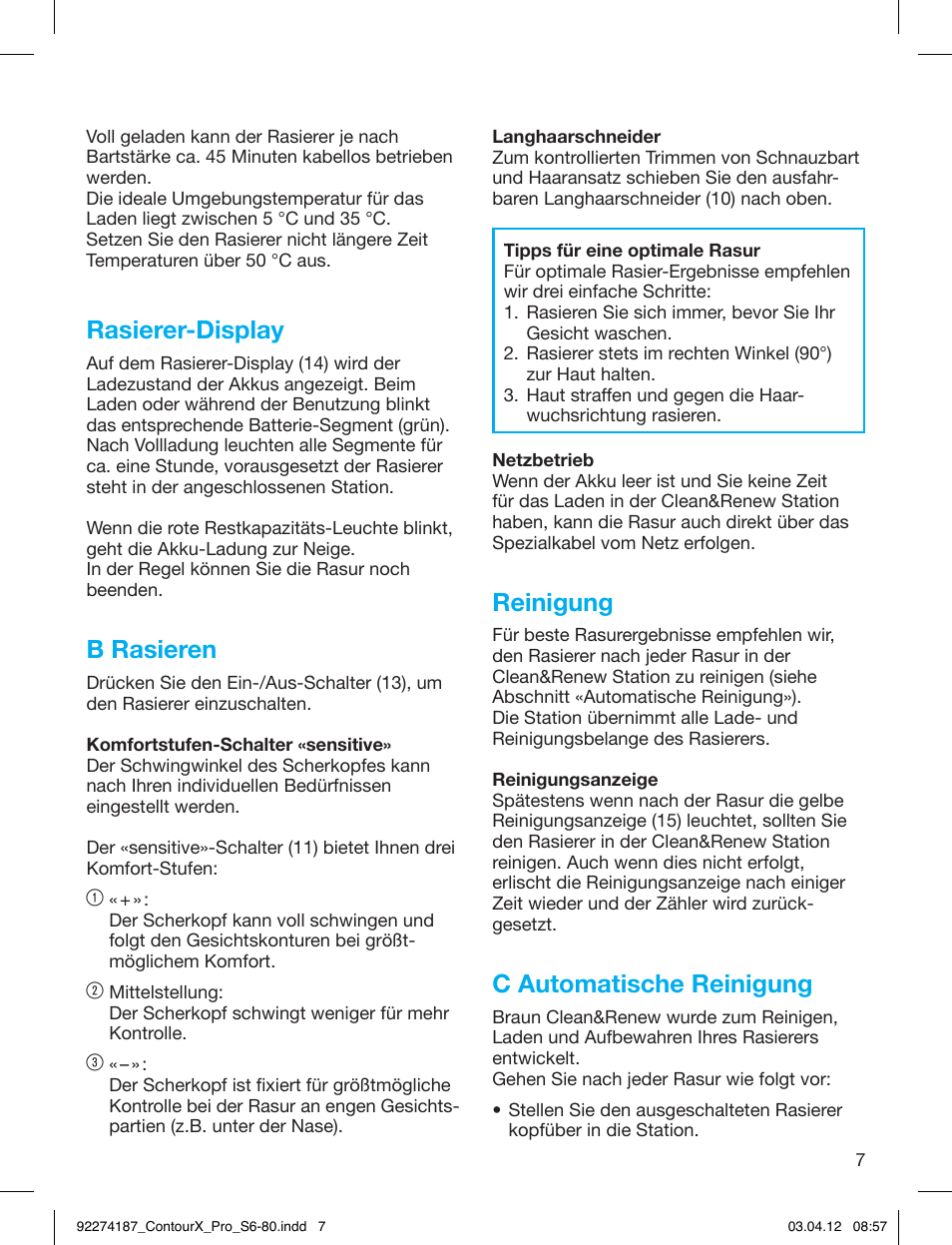 Rasierer-display, B rasieren, Reinigung | C automatische reinigung | Braun 550cc-4 Series 5 User Manual | Page 7 / 79