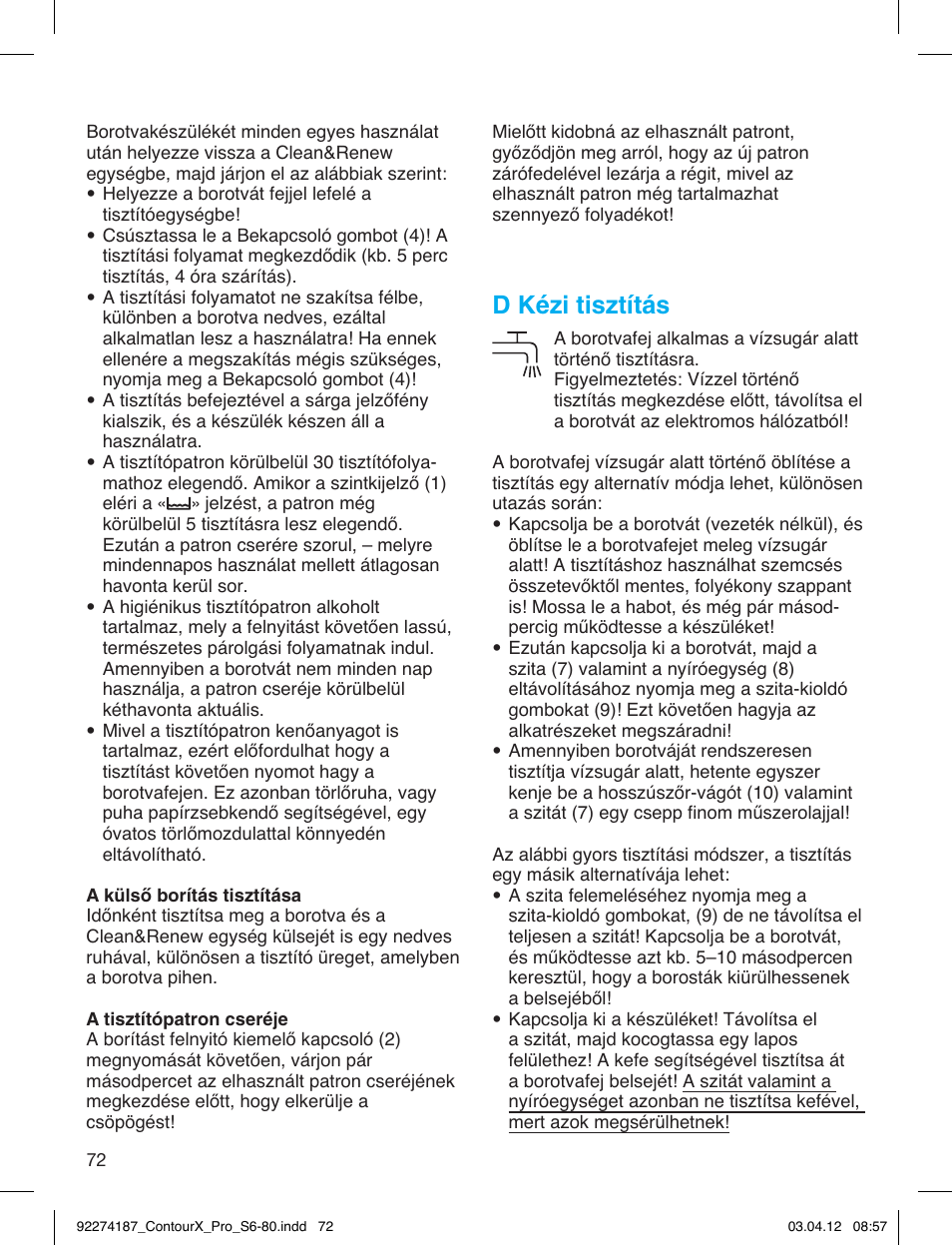 D kézi tisztítás | Braun 550cc-4 Series 5 User Manual | Page 72 / 79