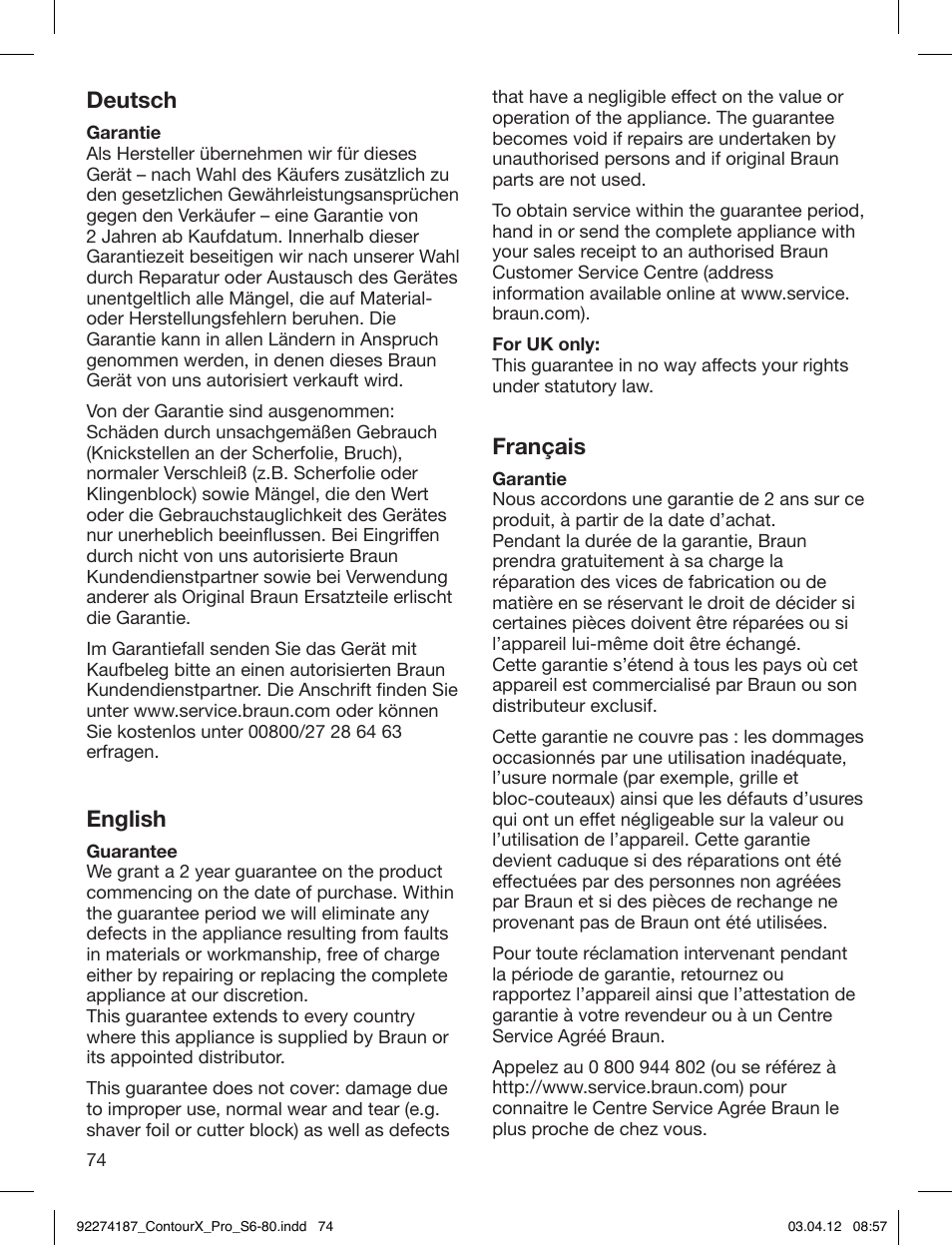 Deutsch, English, Français | Braun 550cc-4 Series 5 User Manual | Page 74 / 79