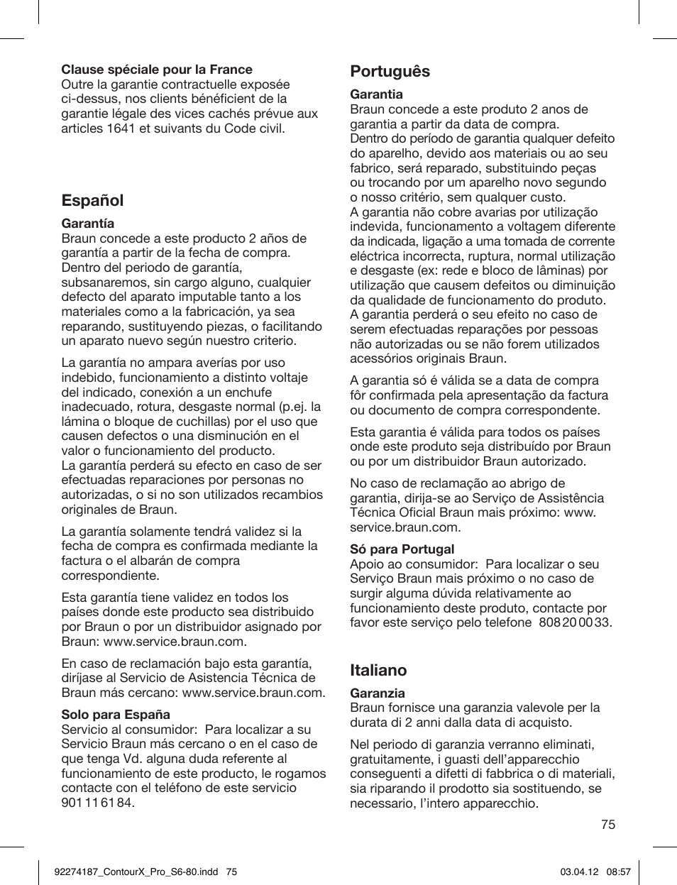 Español, Português, Italiano | Braun 550cc-4 Series 5 User Manual | Page 75 / 79