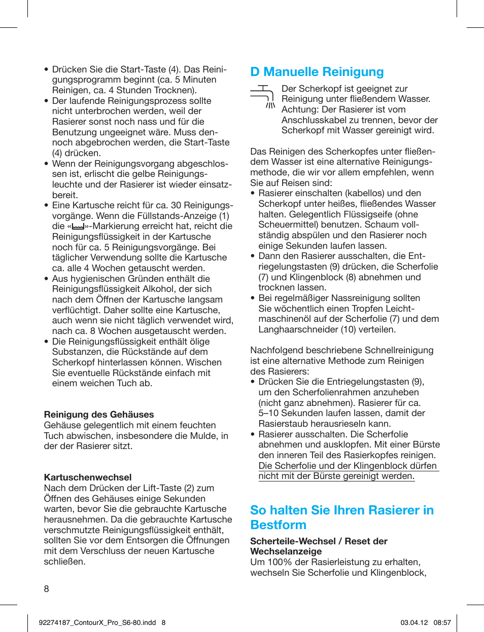 D manuelle reinigung, So halten sie ihren rasierer in bestform | Braun 550cc-4 Series 5 User Manual | Page 8 / 79