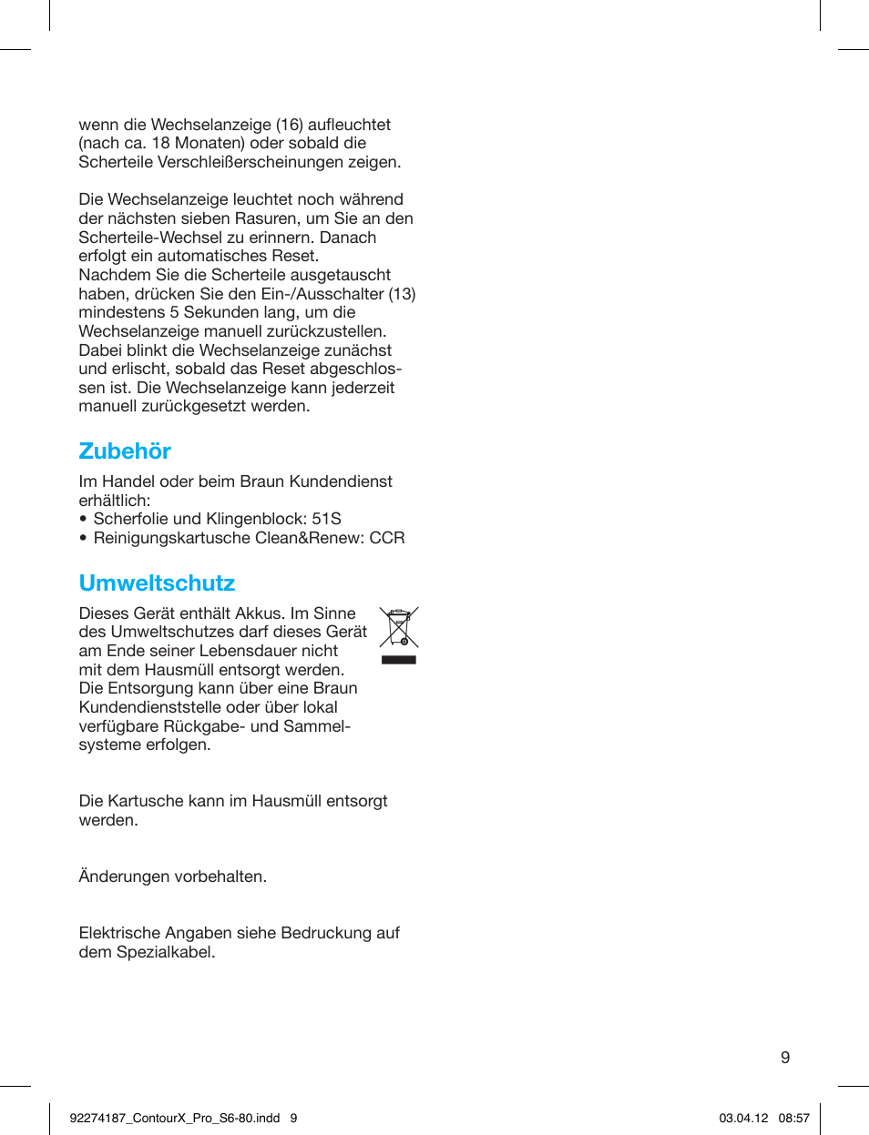 Zubehör, Umweltschutz | Braun 550cc-4 Series 5 User Manual | Page 9 / 79