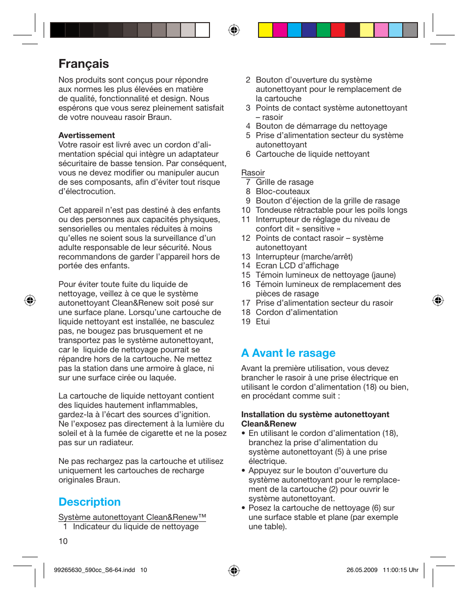 Français, Description, A avant le rasage | Braun 570cc-5751 Series 5 User Manual | Page 10 / 62