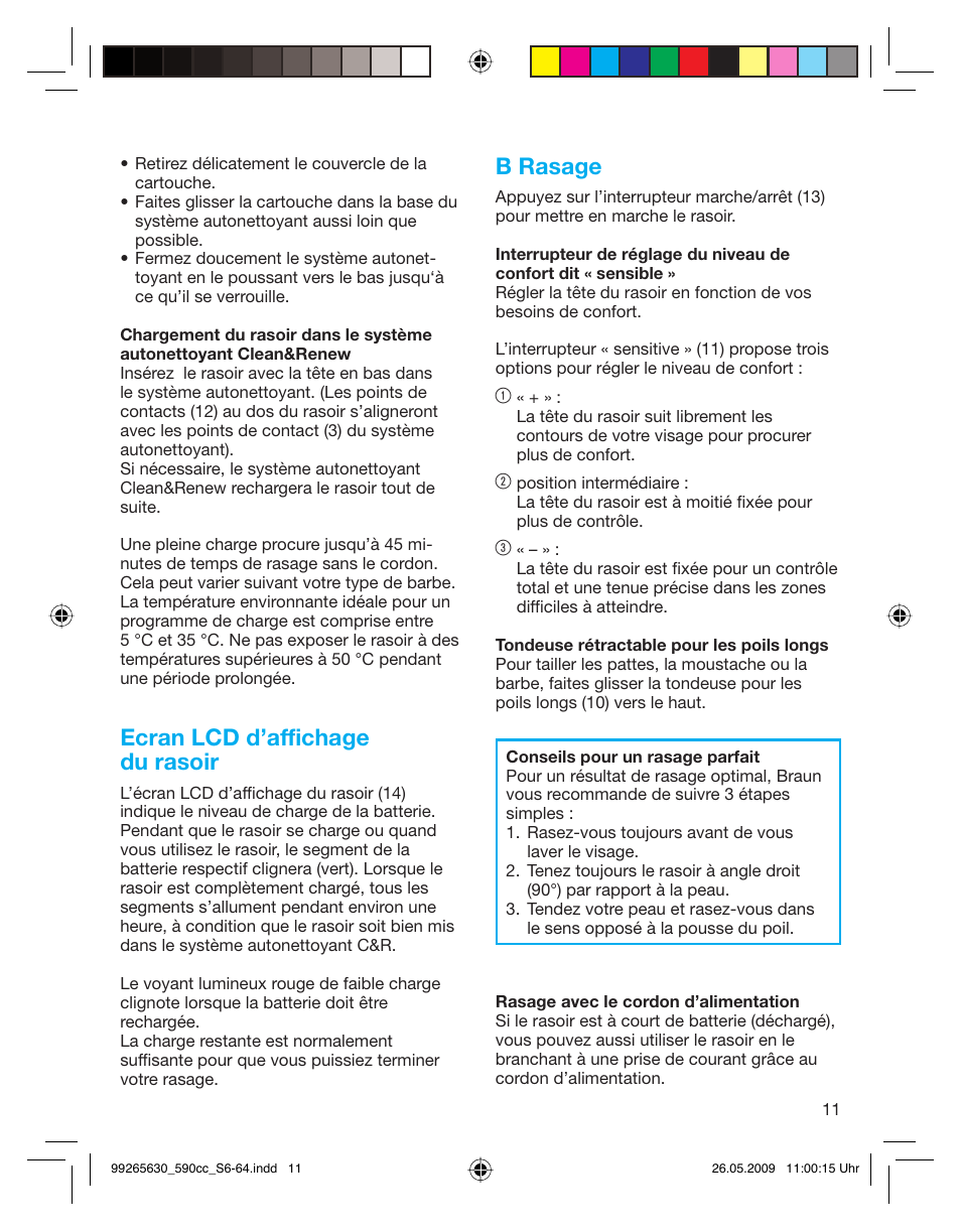 Ecran lcd d’affichage du rasoir, B rasage | Braun 570cc-5751 Series 5 User Manual | Page 11 / 62