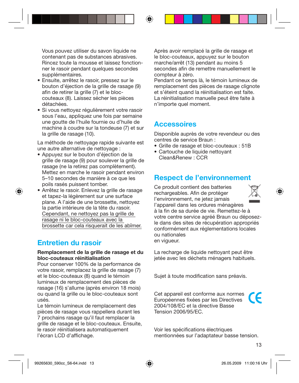 Entretien du rasoir, Accessoires, Respect de l’environnement | Braun 570cc-5751 Series 5 User Manual | Page 13 / 62