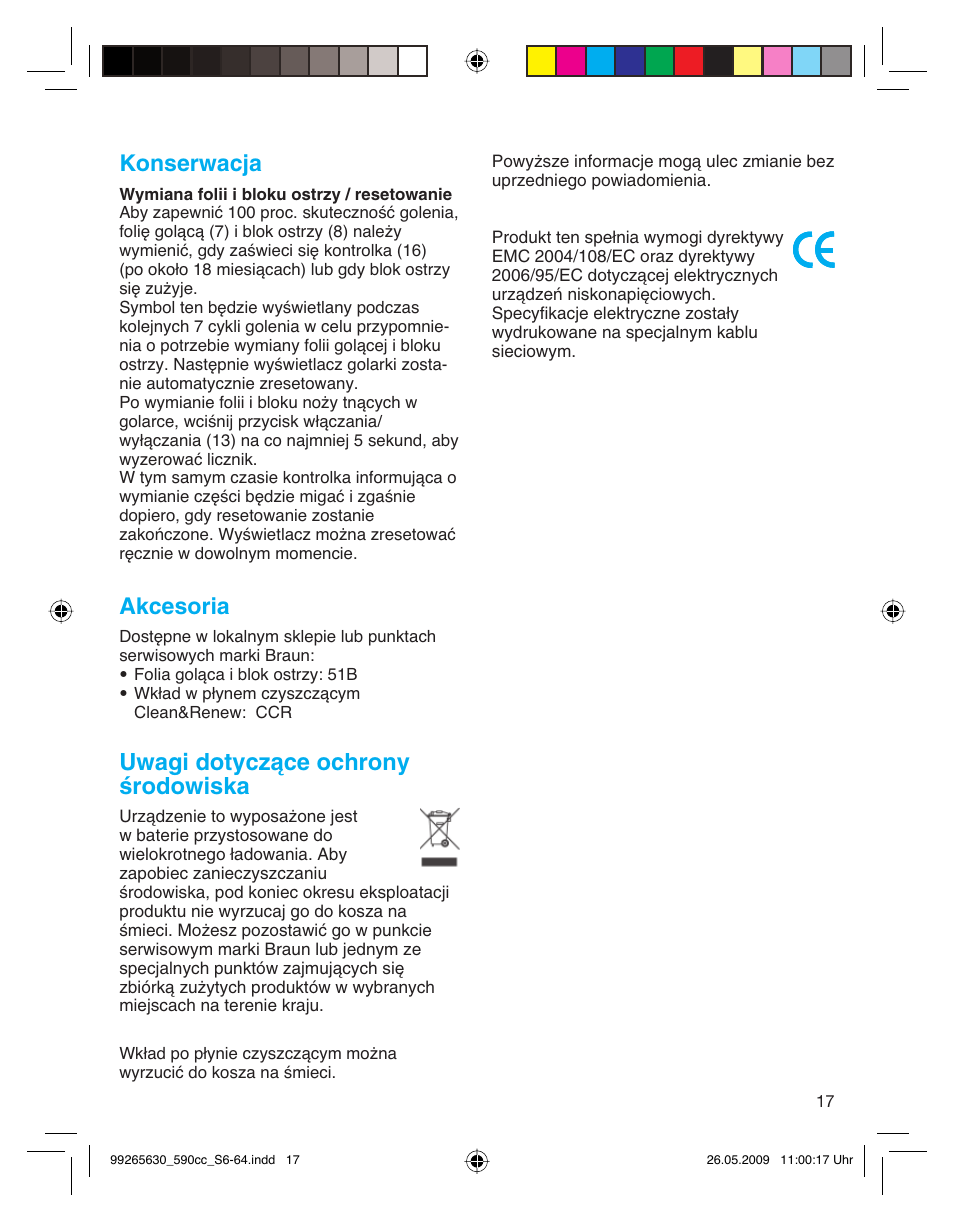 Konserwacja, Akcesoria, Uwagi dotyczàce ochrony êrodowiska | Braun 570cc-5751 Series 5 User Manual | Page 17 / 62