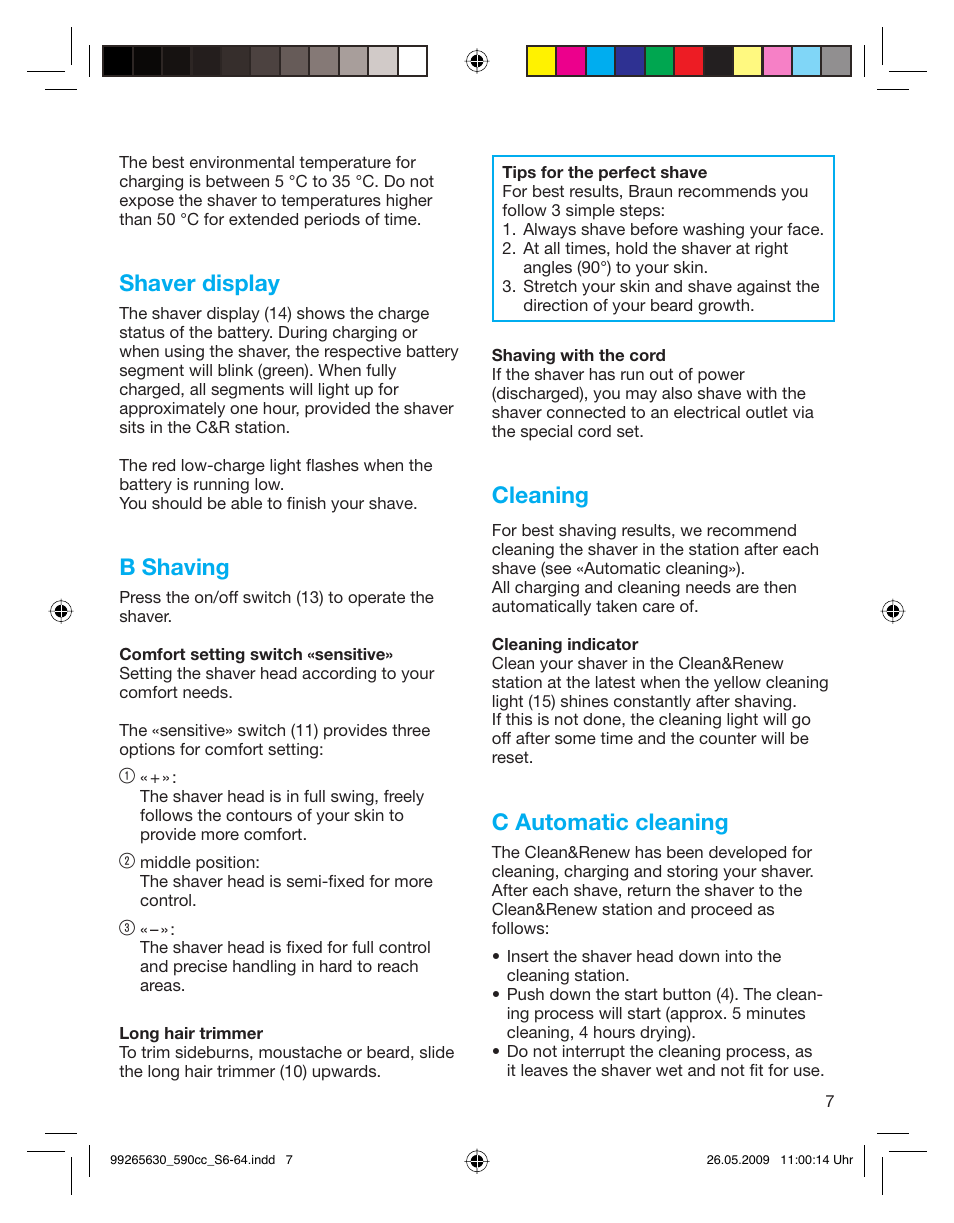 Shaver display, B shaving, Cleaning | C automatic cleaning | Braun 570cc-5751 Series 5 User Manual | Page 7 / 62