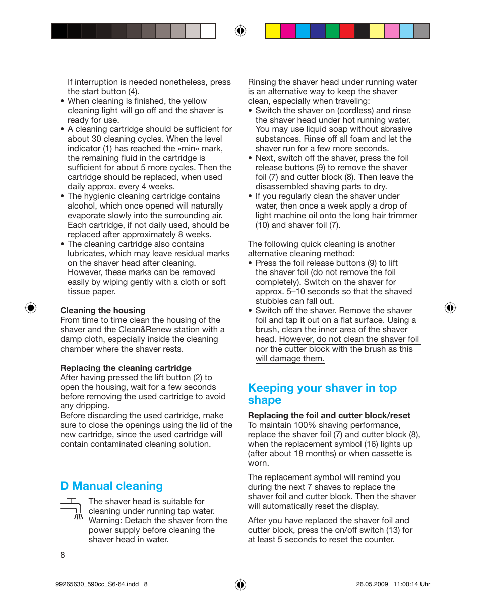 D manual cleaning, Keeping your shaver in top shape | Braun 570cc-5751 Series 5 User Manual | Page 8 / 62