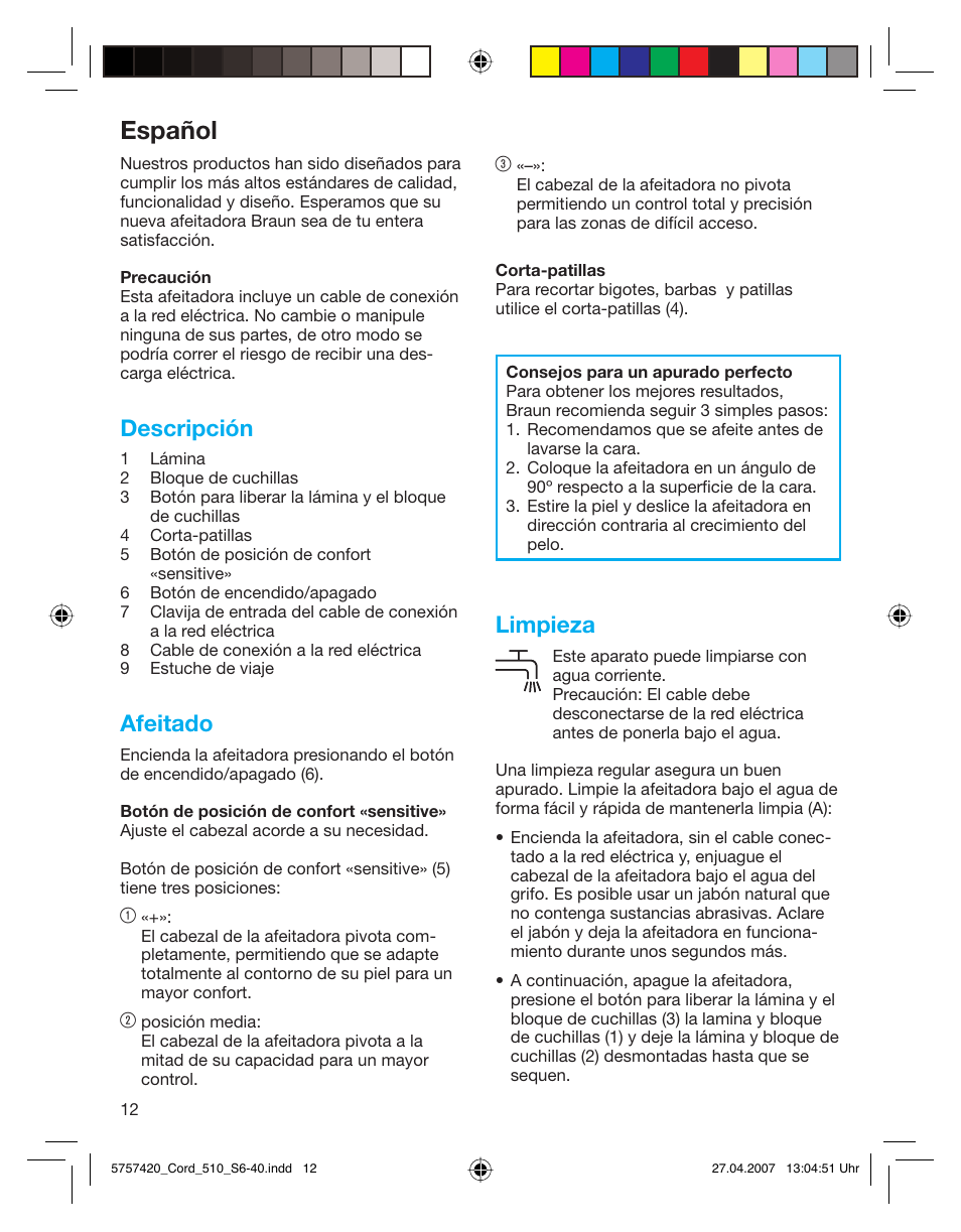 Español, Descripción, Afeitado | Limpieza | Braun 510 Series 5 User Manual | Page 11 / 35