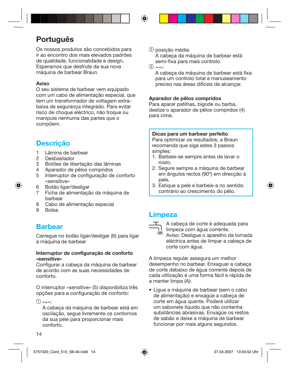 Português, Descrição, Barbear | Limpeza | Braun 510 Series 5 User Manual | Page 13 / 35