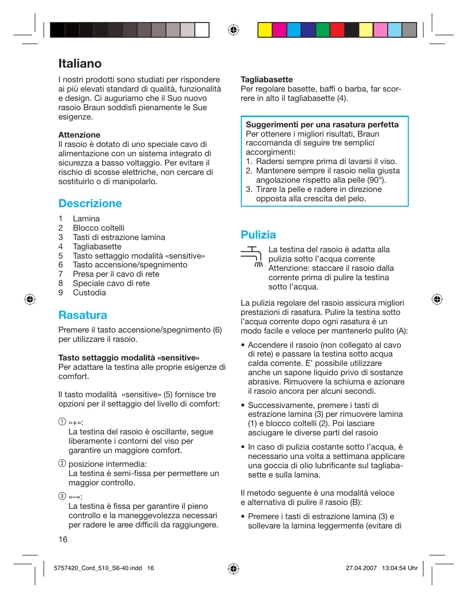 Italiano, Descrizione, Rasatura | Pulizia | Braun 510 Series 5 User Manual | Page 15 / 35