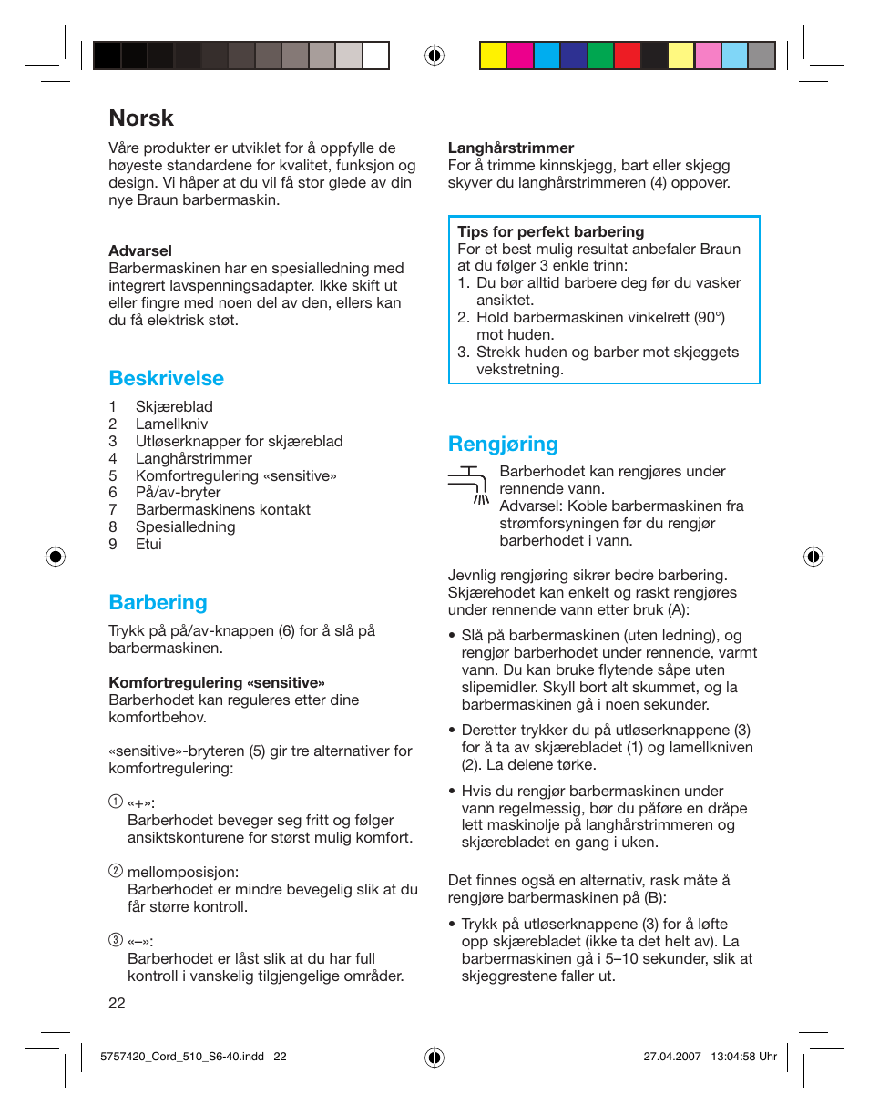 Norsk, Beskrivelse, Barbering | Rengjøring | Braun 510 Series 5 User Manual | Page 21 / 35