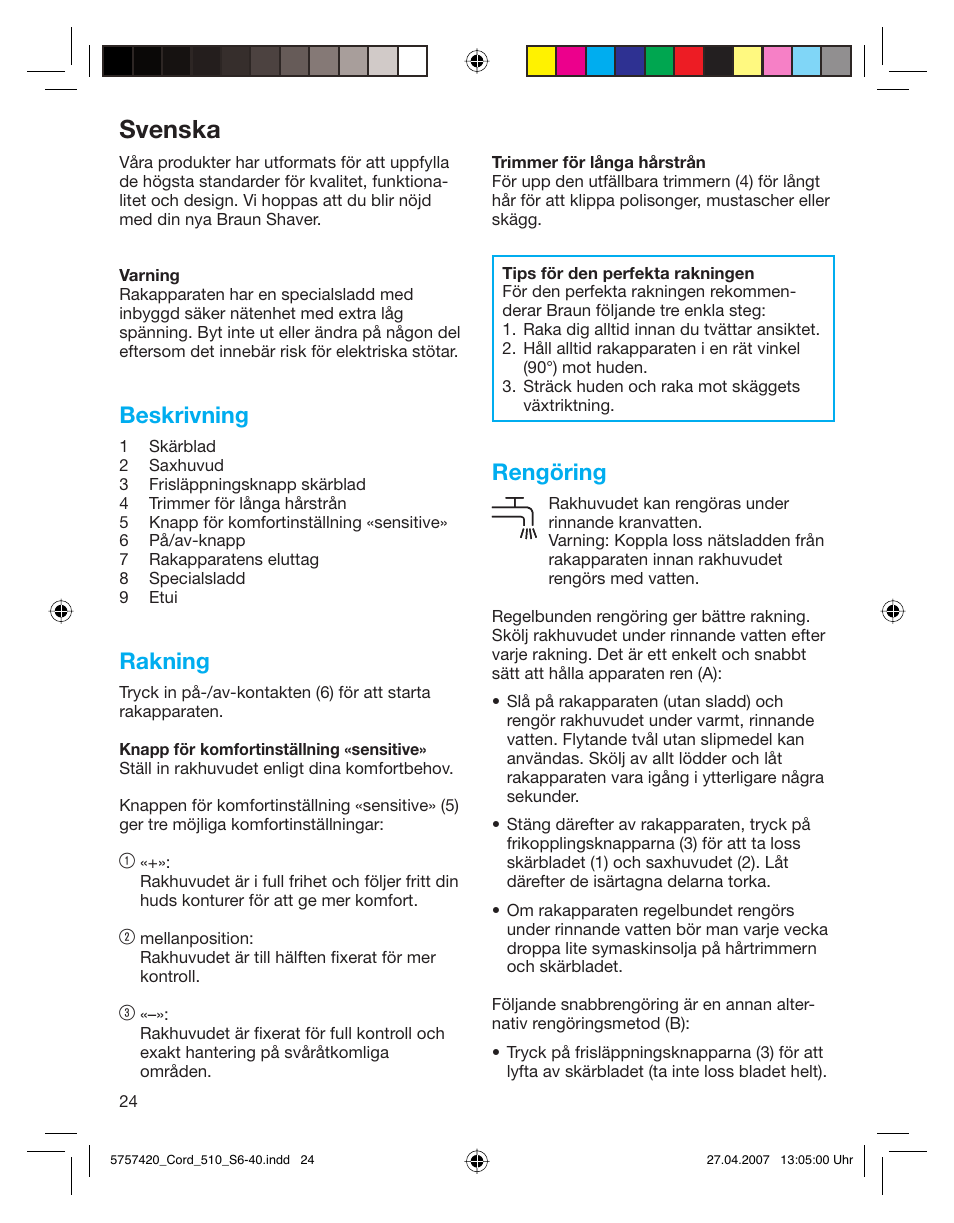 Svenska, Beskrivning, Rakning | Rengöring | Braun 510 Series 5 User Manual | Page 23 / 35