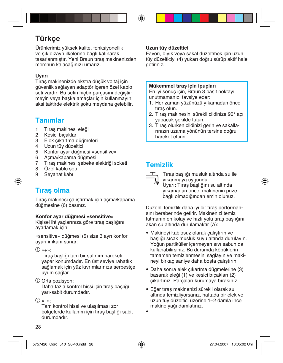 Türkçe, Tanımlar, Tıraş olma | Temizlik | Braun 510 Series 5 User Manual | Page 27 / 35