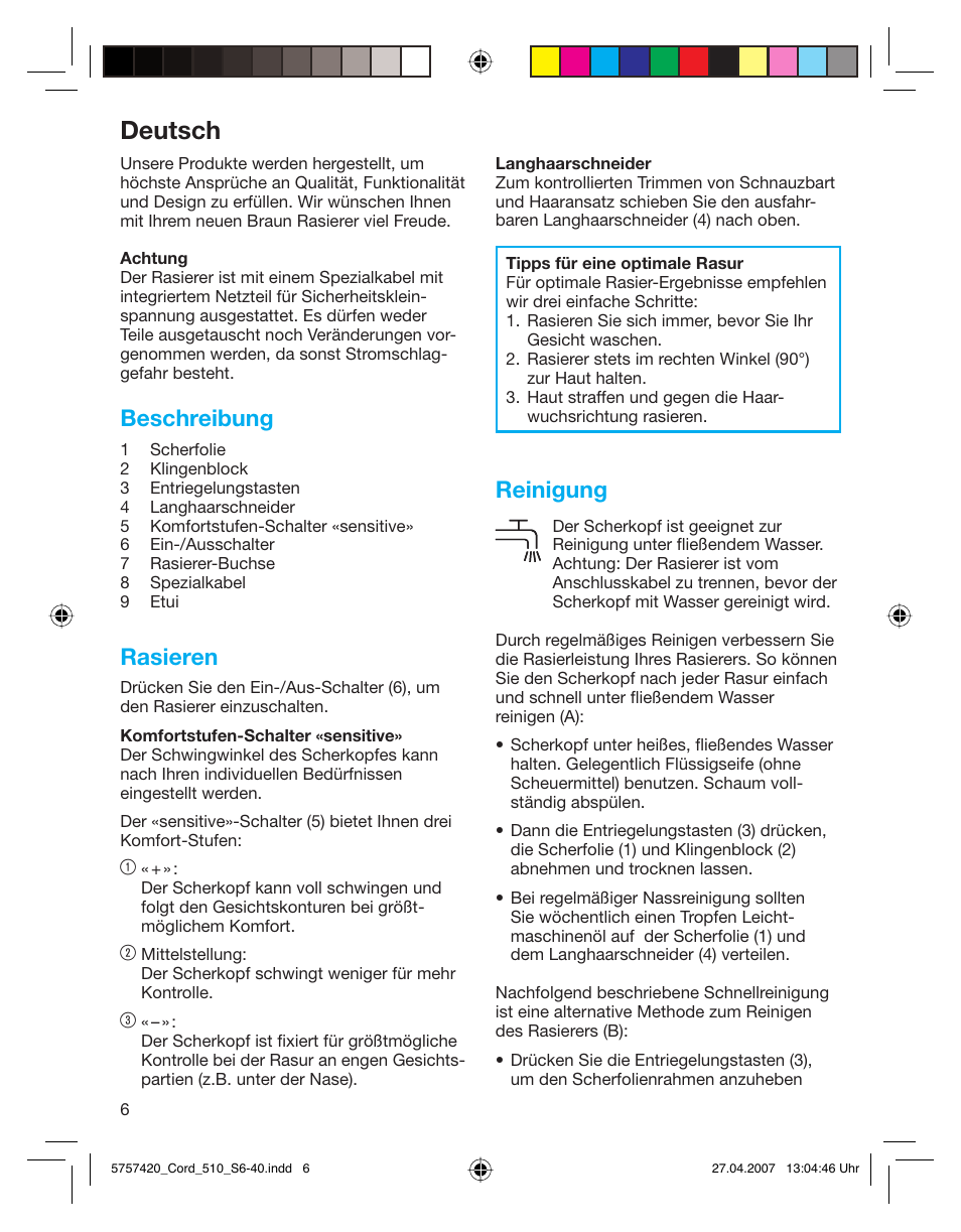 Deutsch, Beschreibung, Rasieren | Reinigung | Braun 510 Series 5 User Manual | Page 5 / 35
