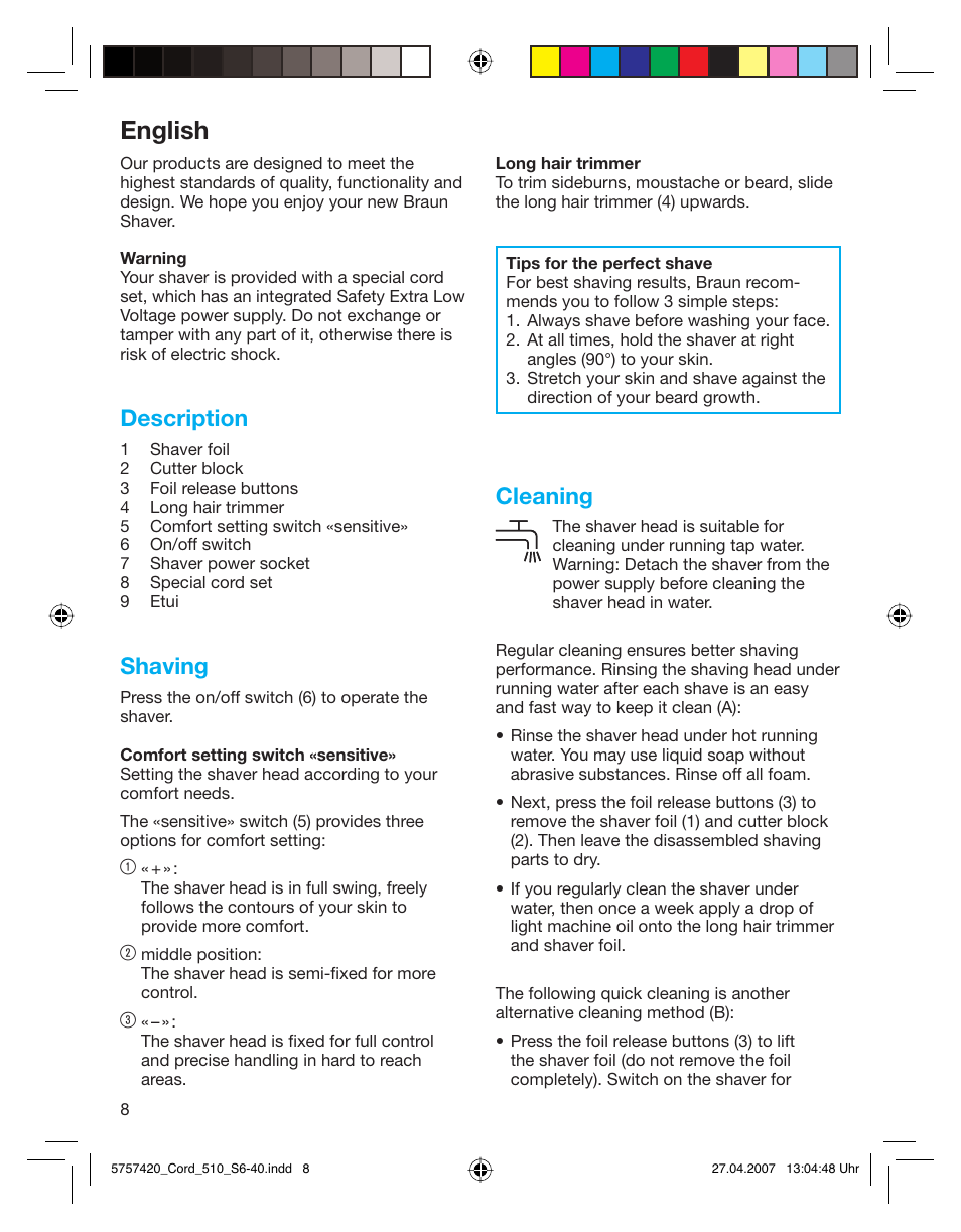 English, Description, Shaving | Cleaning | Braun 510 Series 5 User Manual | Page 7 / 35
