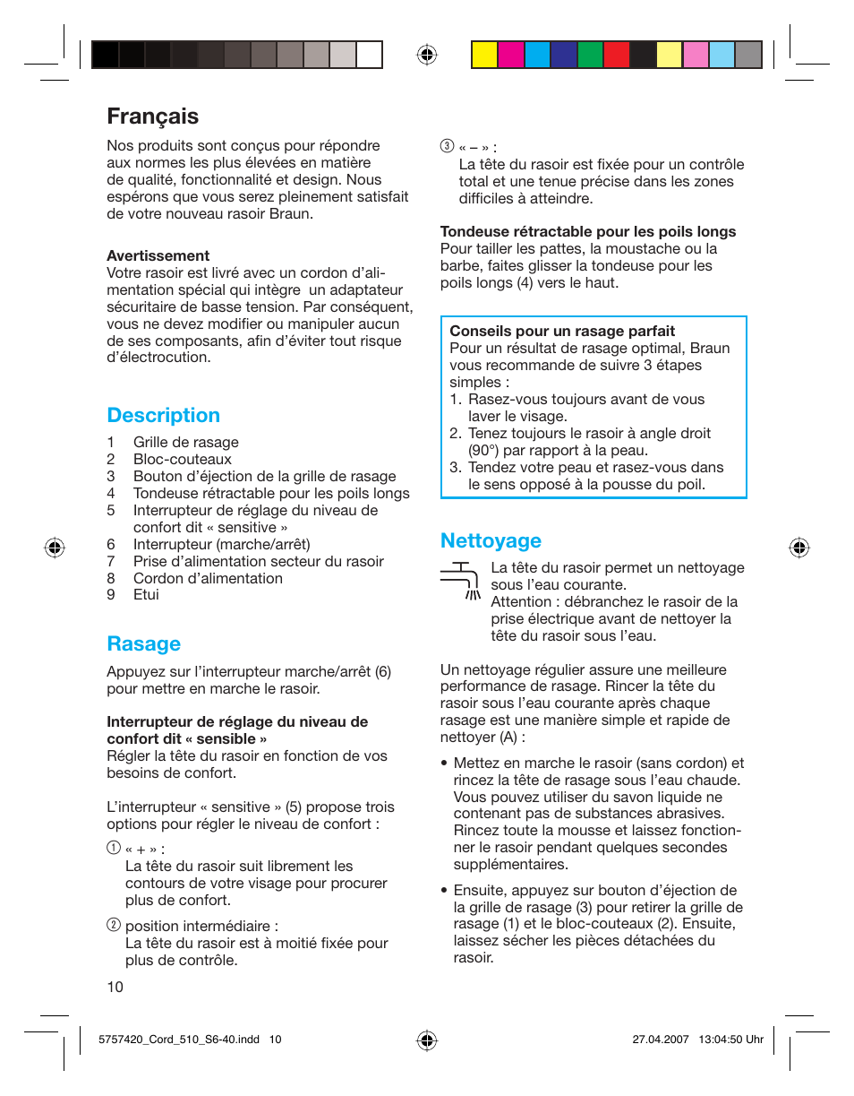 Français, Description, Rasage | Nettoyage | Braun 510 Series 5 User Manual | Page 9 / 35