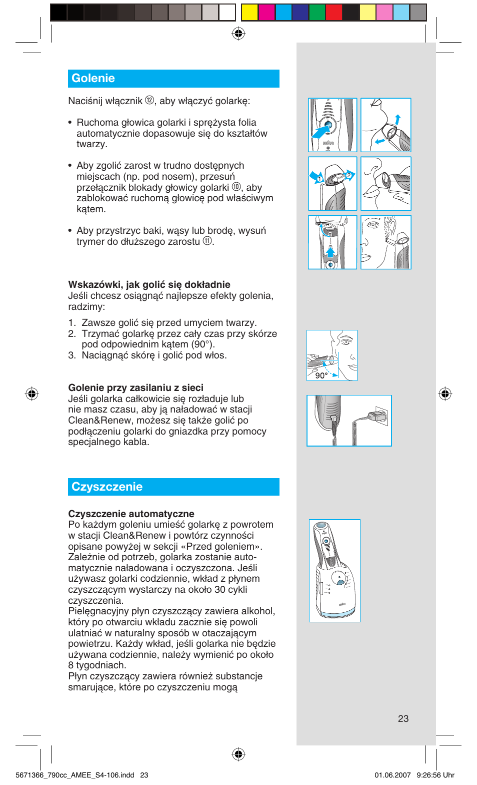 Golenie, Czyszczenie, Naciênij w∏àcznik | Rese t | Braun 790cc Series 7 User Manual | Page 23 / 104
