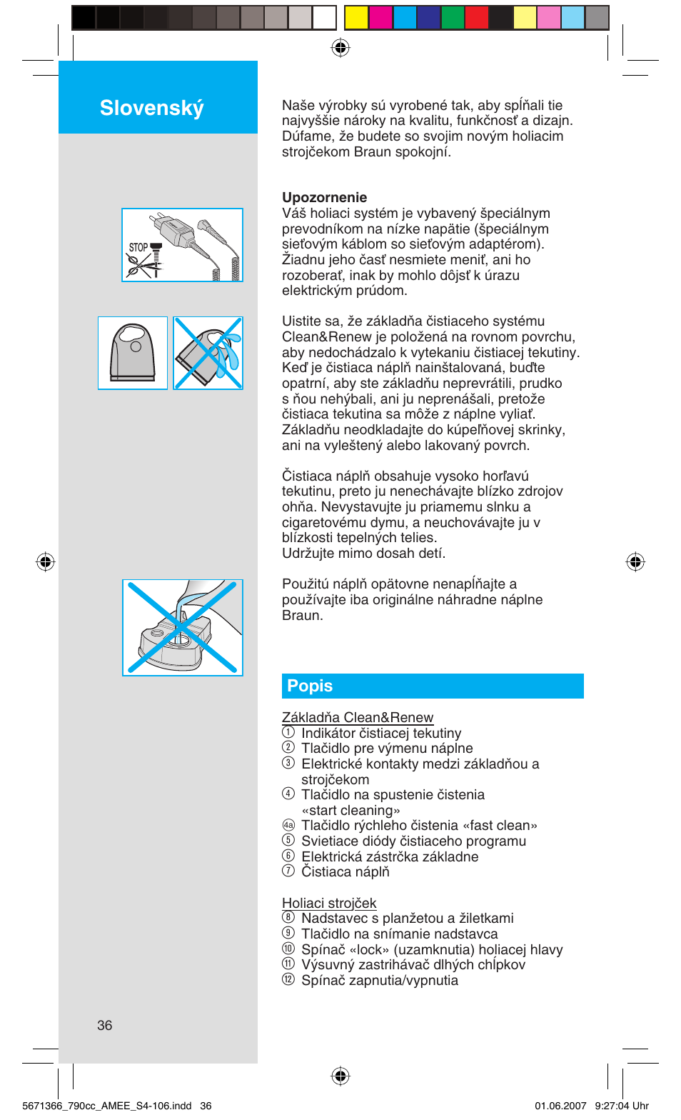 Slovensk, Popis | Braun 790cc Series 7 User Manual | Page 36 / 104
