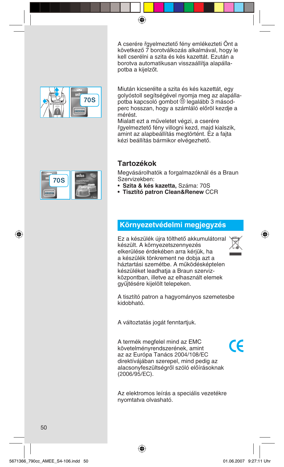Tartozékok, Környezetvédelmi megjegyzés | Braun 790cc Series 7 User Manual | Page 50 / 104