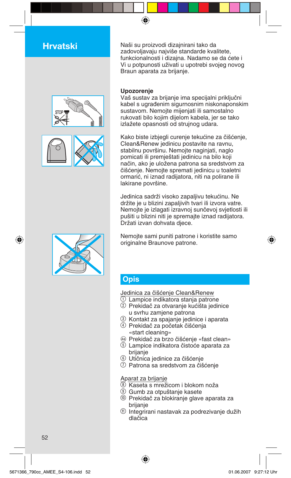 Hrvatski, Opis | Braun 790cc Series 7 User Manual | Page 52 / 104