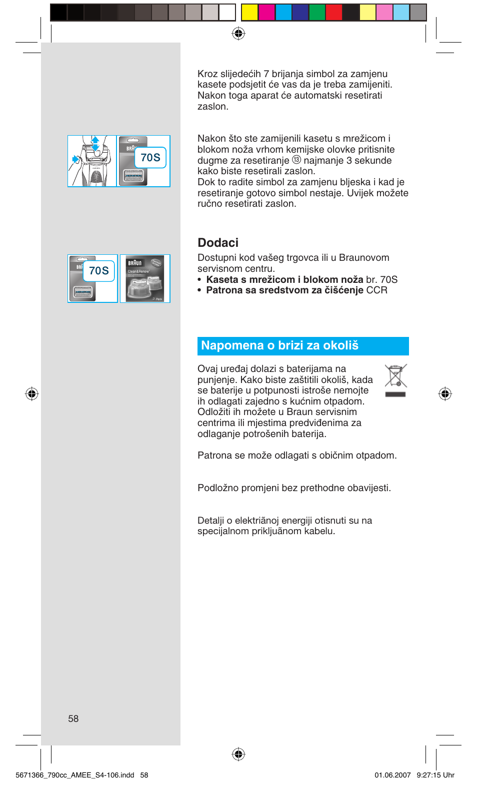 Dodaci, Napomena o brizi za okoli | Braun 790cc Series 7 User Manual | Page 58 / 104