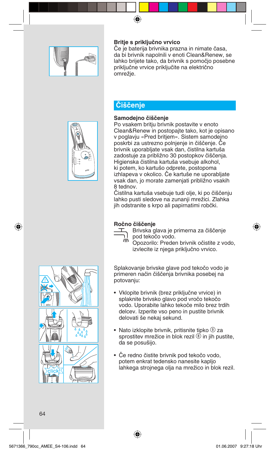 Âi‰ãenje, Za sprostitev mreïice in blok rezil, Click | Rese t | Braun 790cc Series 7 User Manual | Page 64 / 104