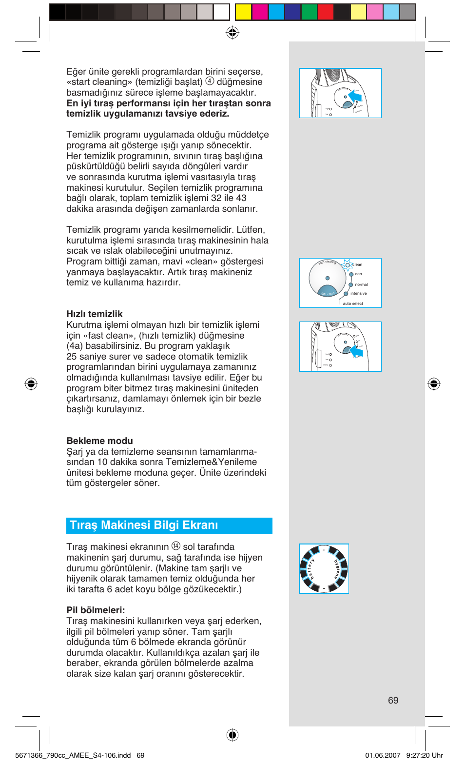 Tıraş makinesi bilgi ekranı, Tıraş makinesi ekranının | Braun 790cc Series 7 User Manual | Page 69 / 104