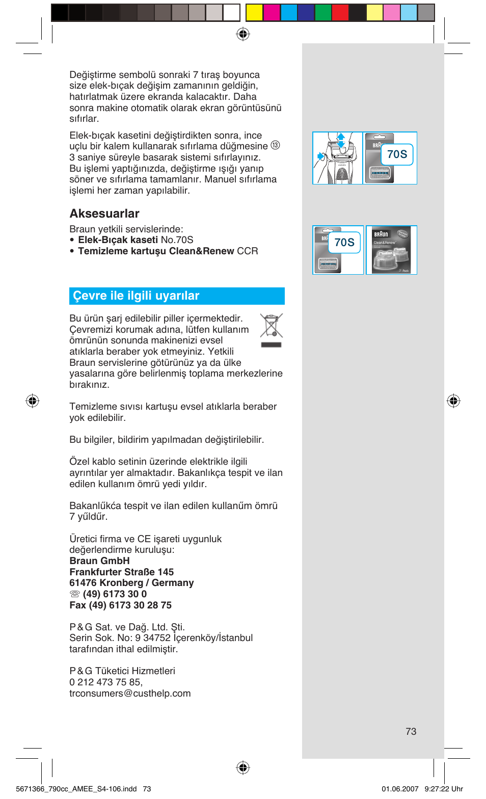 Aksesuarlar, Çevre ile ilgili uyarılar | Braun 790cc Series 7 User Manual | Page 73 / 104