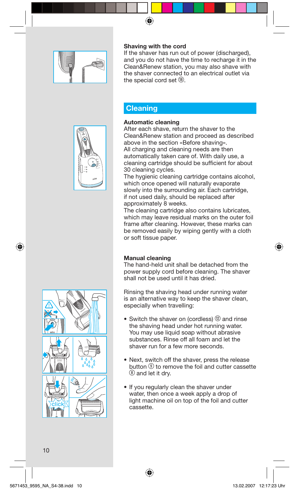 Cleaning, Click, Rese t | Braun 9595 Pulsonic User Manual | Page 10 / 35