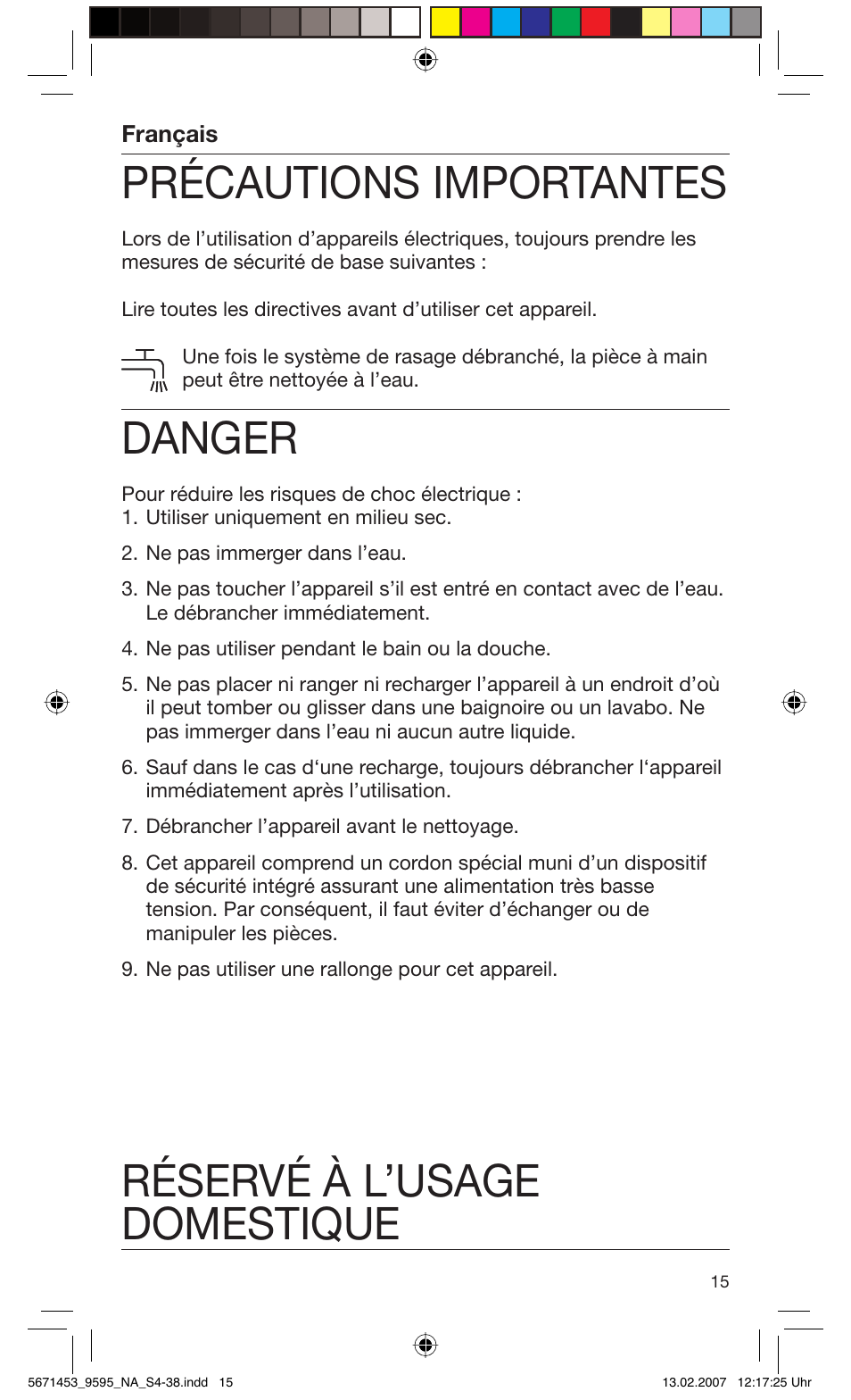 Précautions importantes, Danger, Réservé à l’usage domestique | Braun 9595 Pulsonic User Manual | Page 15 / 35