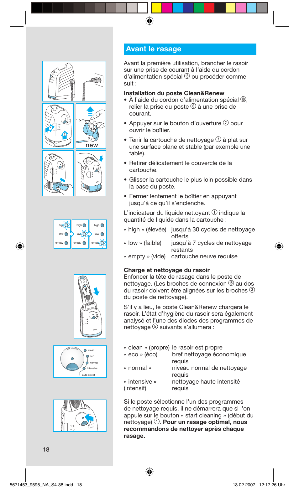 Avant le rasage, Relier la prise du poste, Fast clean high clean | St cle an, Leaning, Rese t | Braun 9595 Pulsonic User Manual | Page 18 / 35