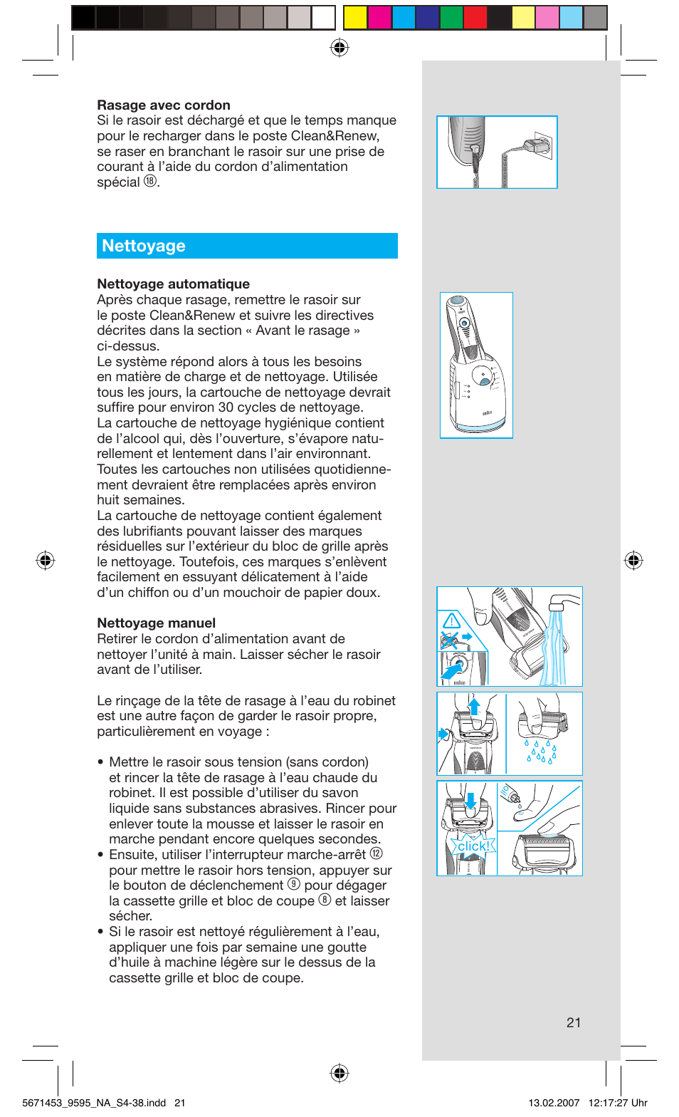 Nettoyage, Pour dégager la cassette grille et bloc de coupe, Click | Rese t | Braun 9595 Pulsonic User Manual | Page 21 / 35