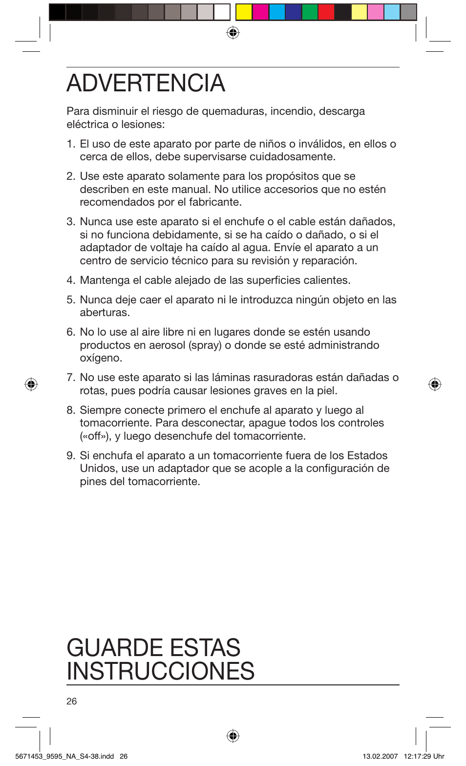 Advertencia, Guarde estas instrucciones | Braun 9595 Pulsonic User Manual | Page 26 / 35