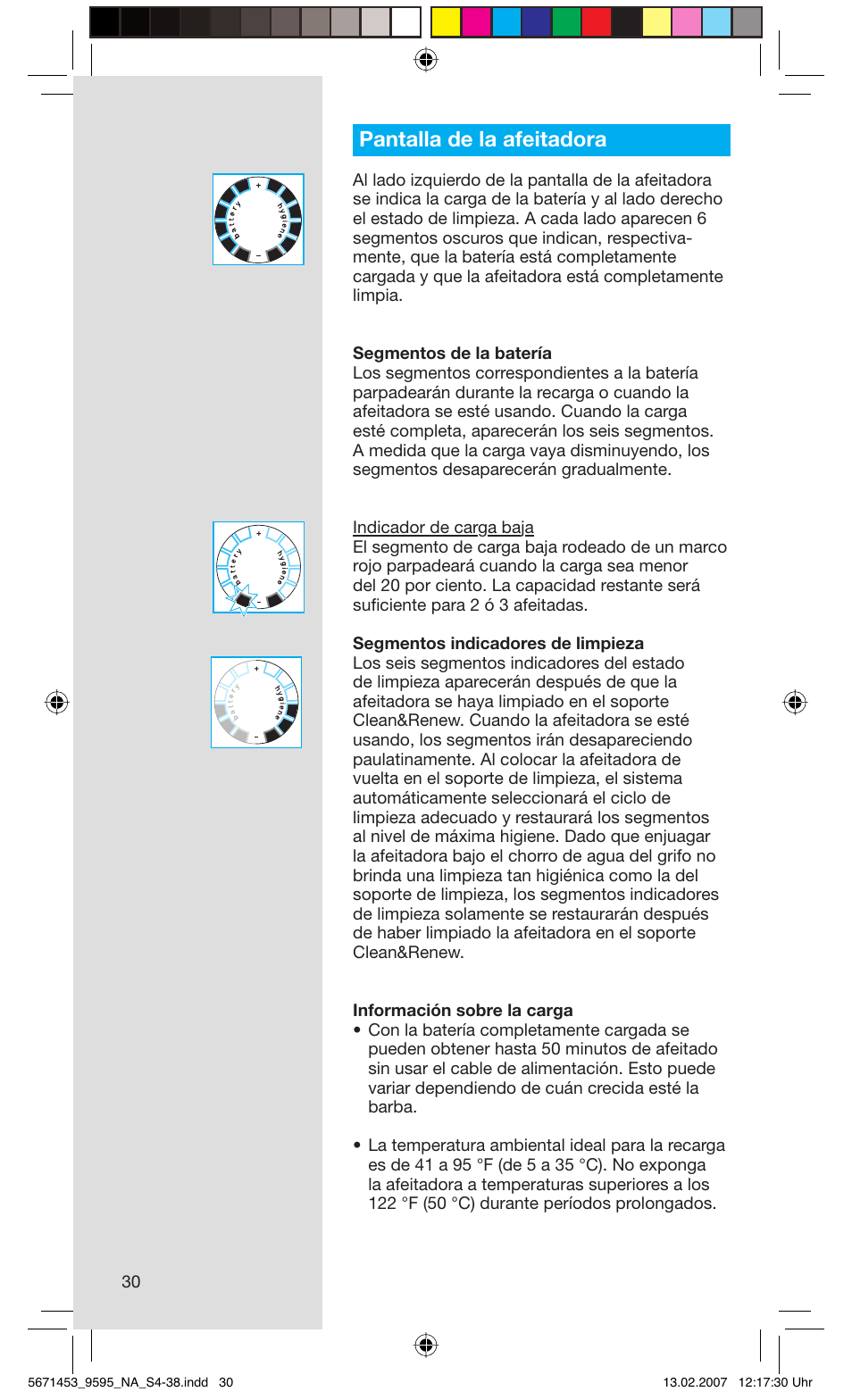 Pantalla de la afeitadora | Braun 9595 Pulsonic User Manual | Page 30 / 35