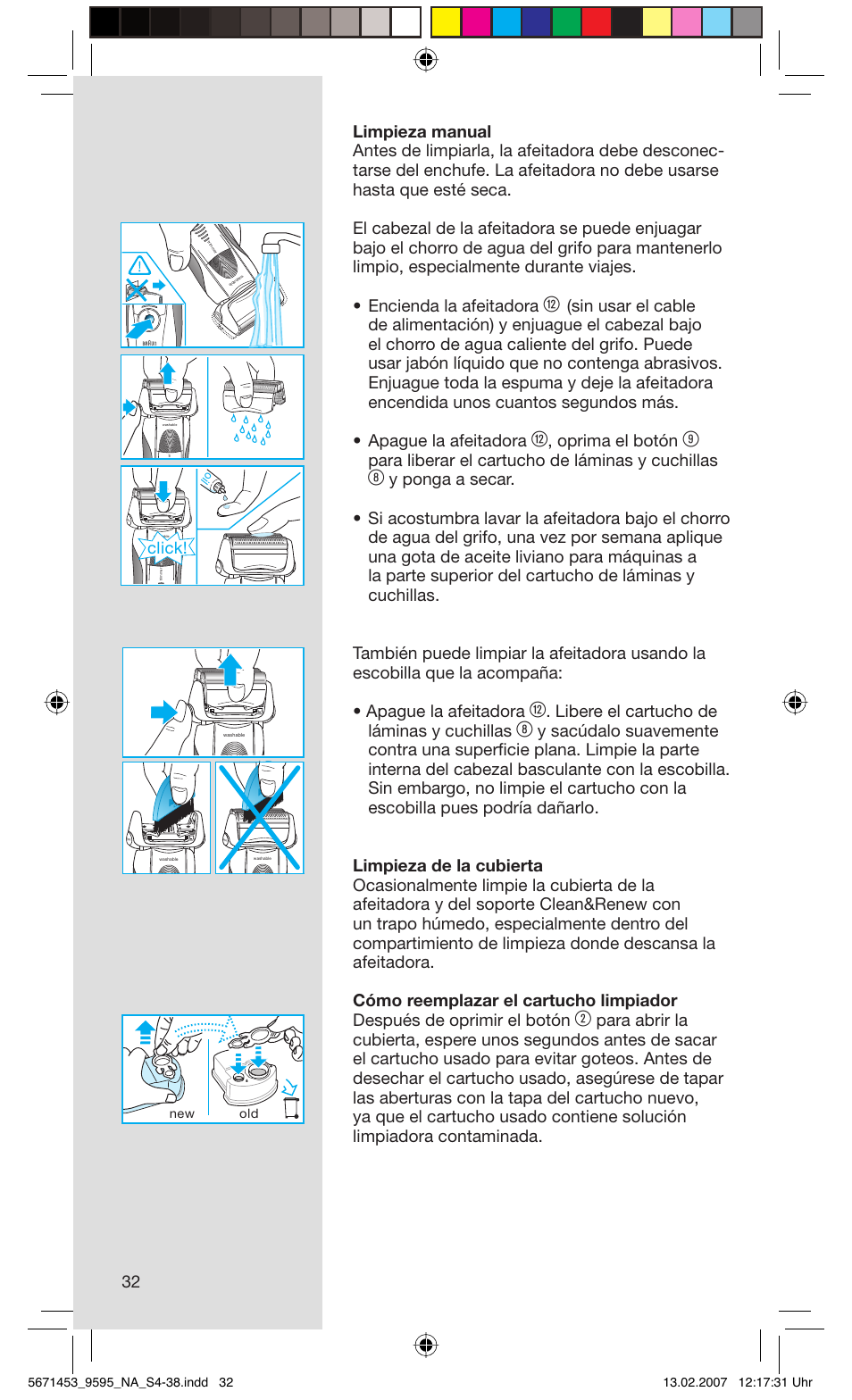 Oprima el botón, Para liberar el cartucho de láminas y cuchillas, Libere el cartucho de láminas y cuchillas | Click | Braun 9595 Pulsonic User Manual | Page 32 / 35