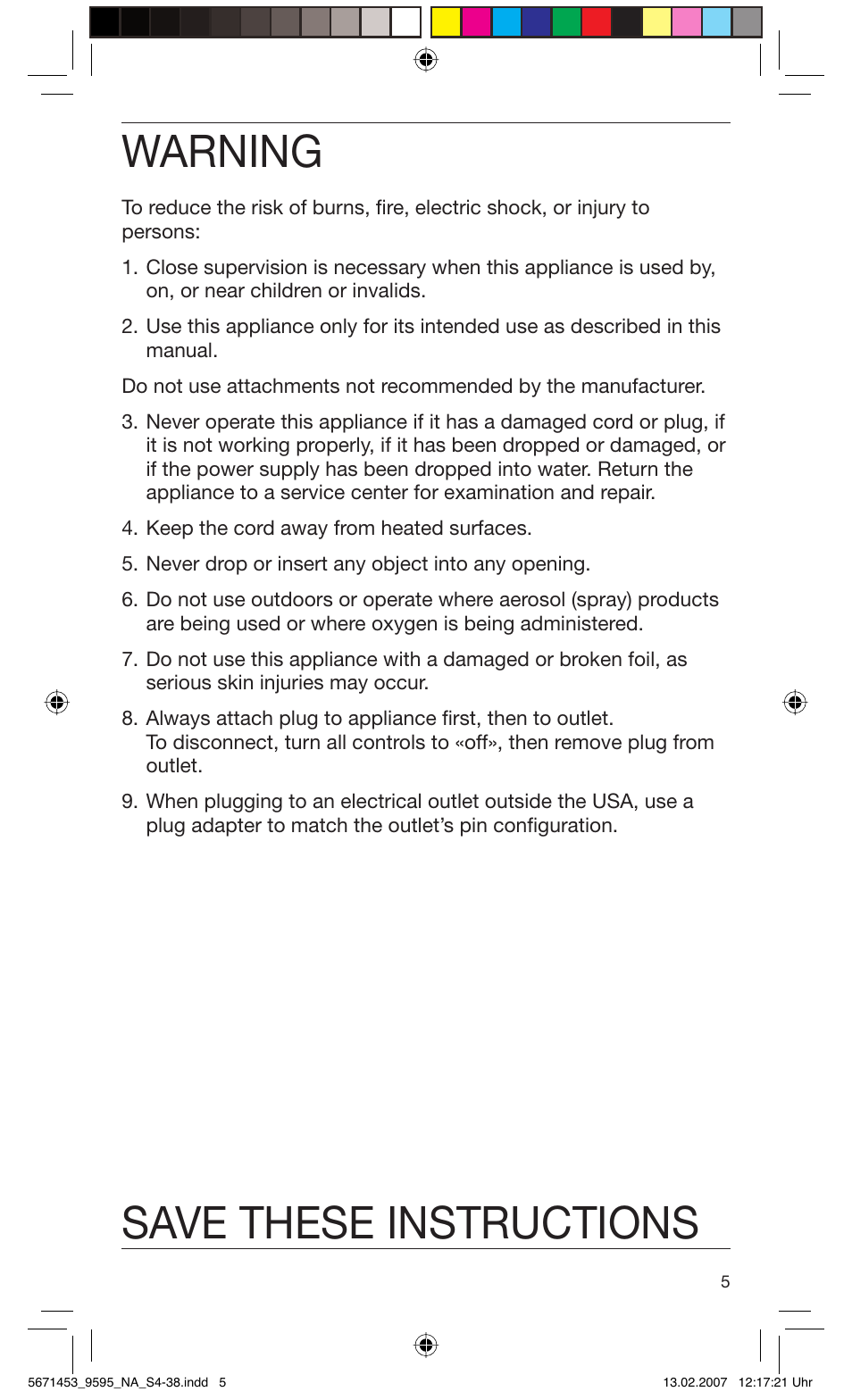 Warning, Save these instructions | Braun 9595 Pulsonic User Manual | Page 5 / 35