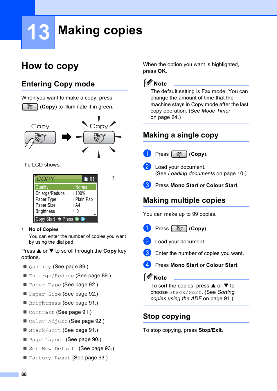 13 making copies, How to copy, Entering copy mode | Making a single copy, Making multiple copies, Stop copying, Making copies 88, Making copies | Brother MFC-440CN User Manual | Page 100 / 201