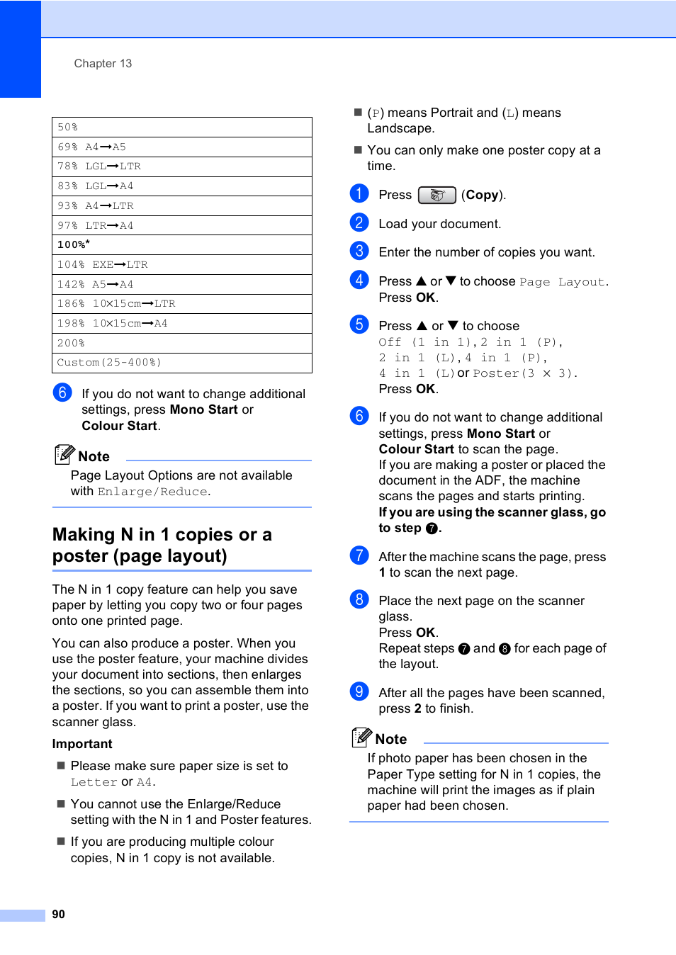 Making n in 1 copies or a poster (page layout) | Brother MFC-440CN User Manual | Page 102 / 201