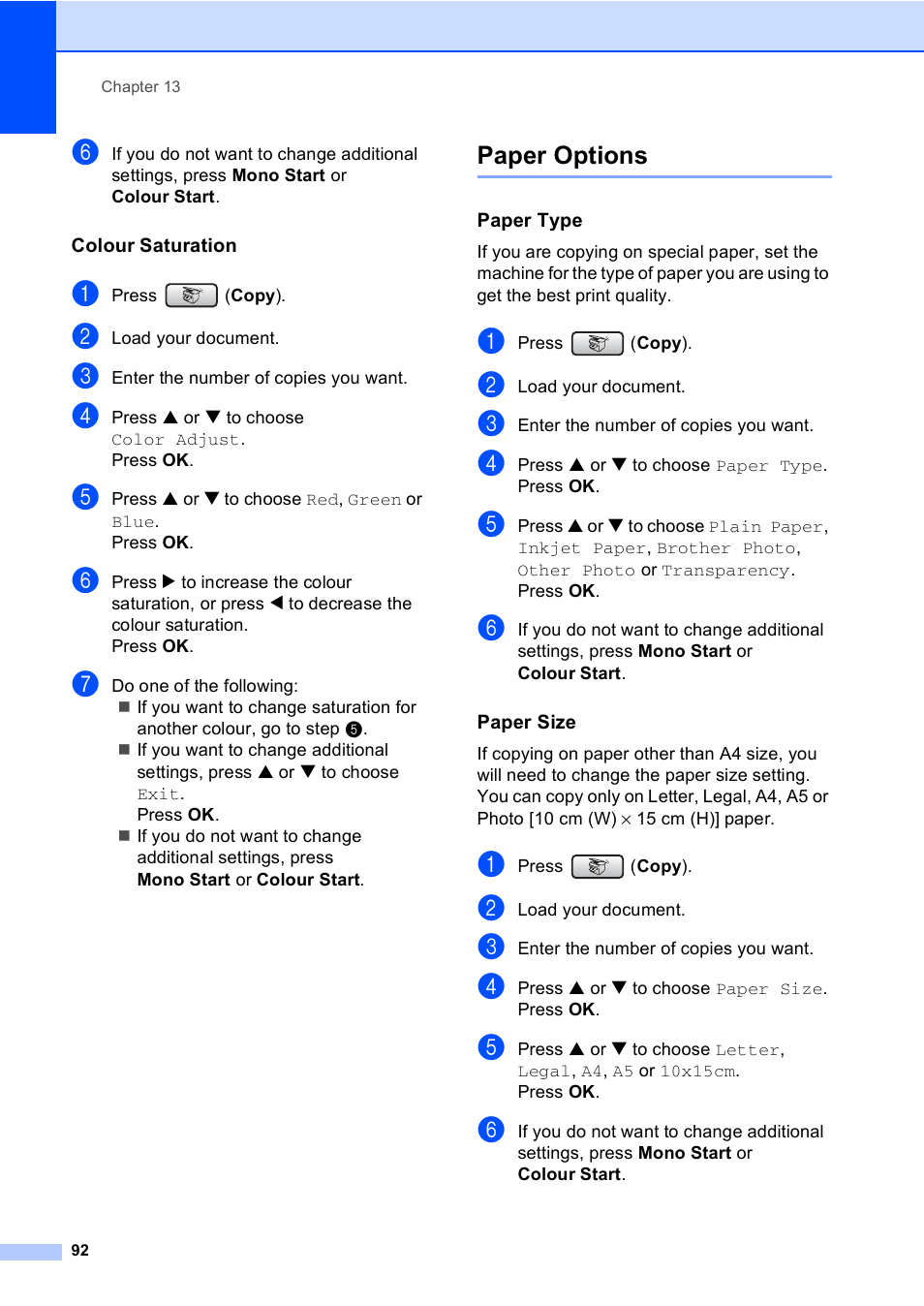 Colour saturation, Paper options, Paper type | Paper size | Brother MFC-440CN User Manual | Page 104 / 201