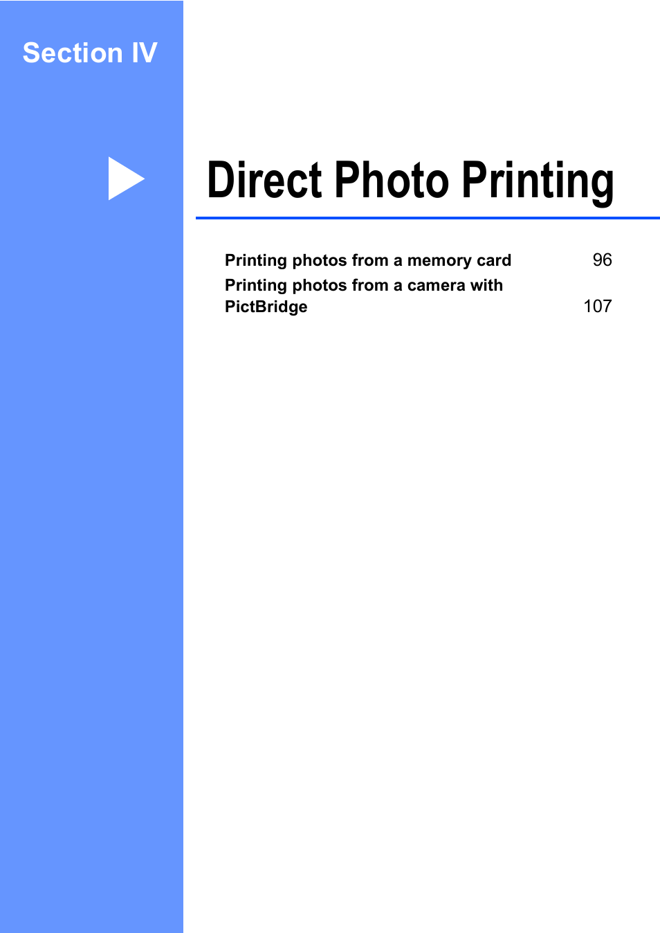 Section iv:direct photo printing, Section iv direct photo printing, Direct photo printing | Brother MFC-440CN User Manual | Page 107 / 201