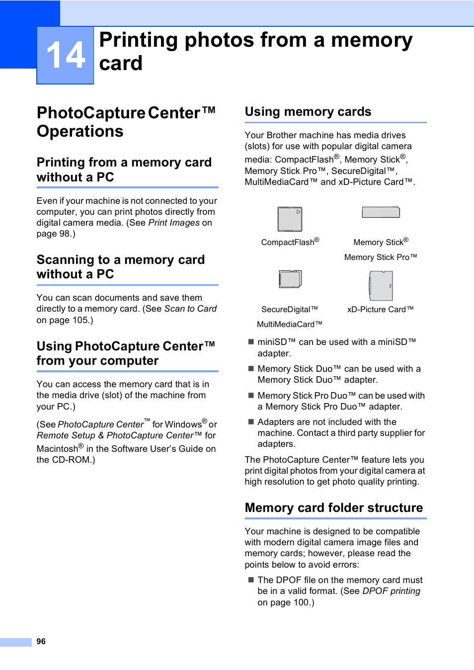 14 printing photos from a memory card, Photocapture center™ operations, Printing from a memory card without a pc | Scanning to a memory card without a pc, Using photocapture center™ from your computer, Using memory cards, Memory card folder structure, Printing photos from a memory card 96, Printing photos from a memory card | Brother MFC-440CN User Manual | Page 108 / 201