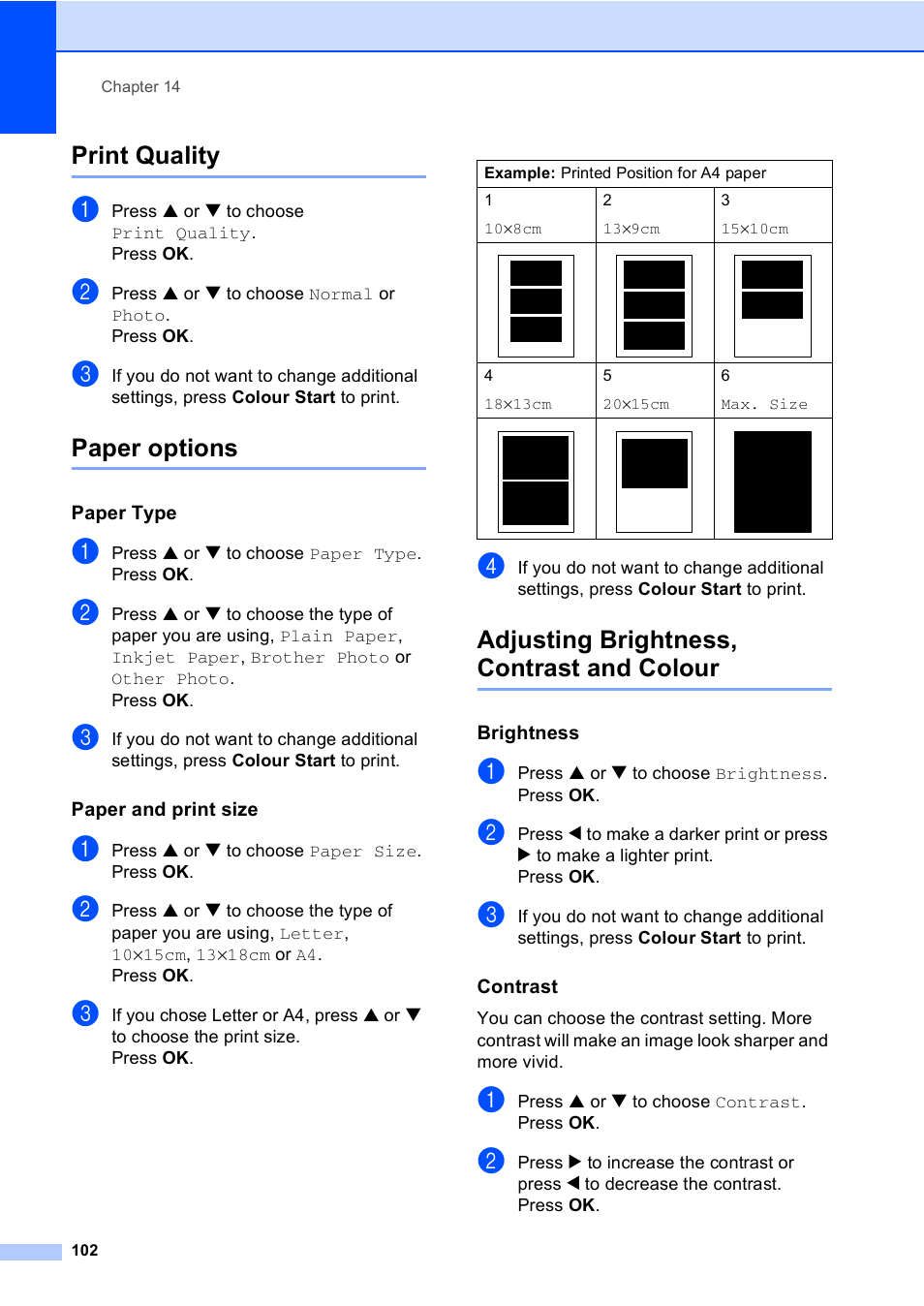 Print quality, Paper options, Paper type | Paper and print size, Adjusting brightness, contrast and colour, Brightness, Contrast | Brother MFC-440CN User Manual | Page 114 / 201