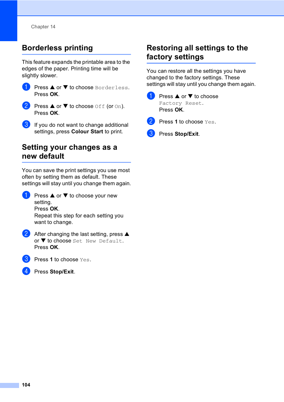 Borderless printing, Setting your changes as a new default, Restoring all settings to the factory settings | Brother MFC-440CN User Manual | Page 116 / 201
