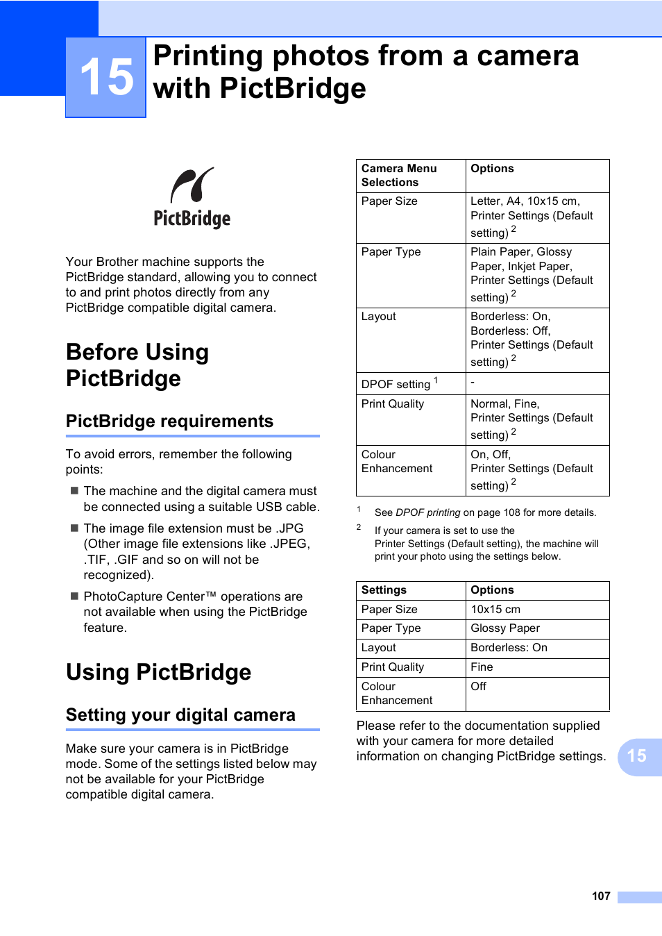 15 printing photos from a camera with pictbridge, Before using pictbridge, Pictbridge requirements | Using pictbridge, Setting your digital camera, Printing photos from a camera with pictbridge 107, Printing photos from a camera with pictbridge | Brother MFC-440CN User Manual | Page 119 / 201