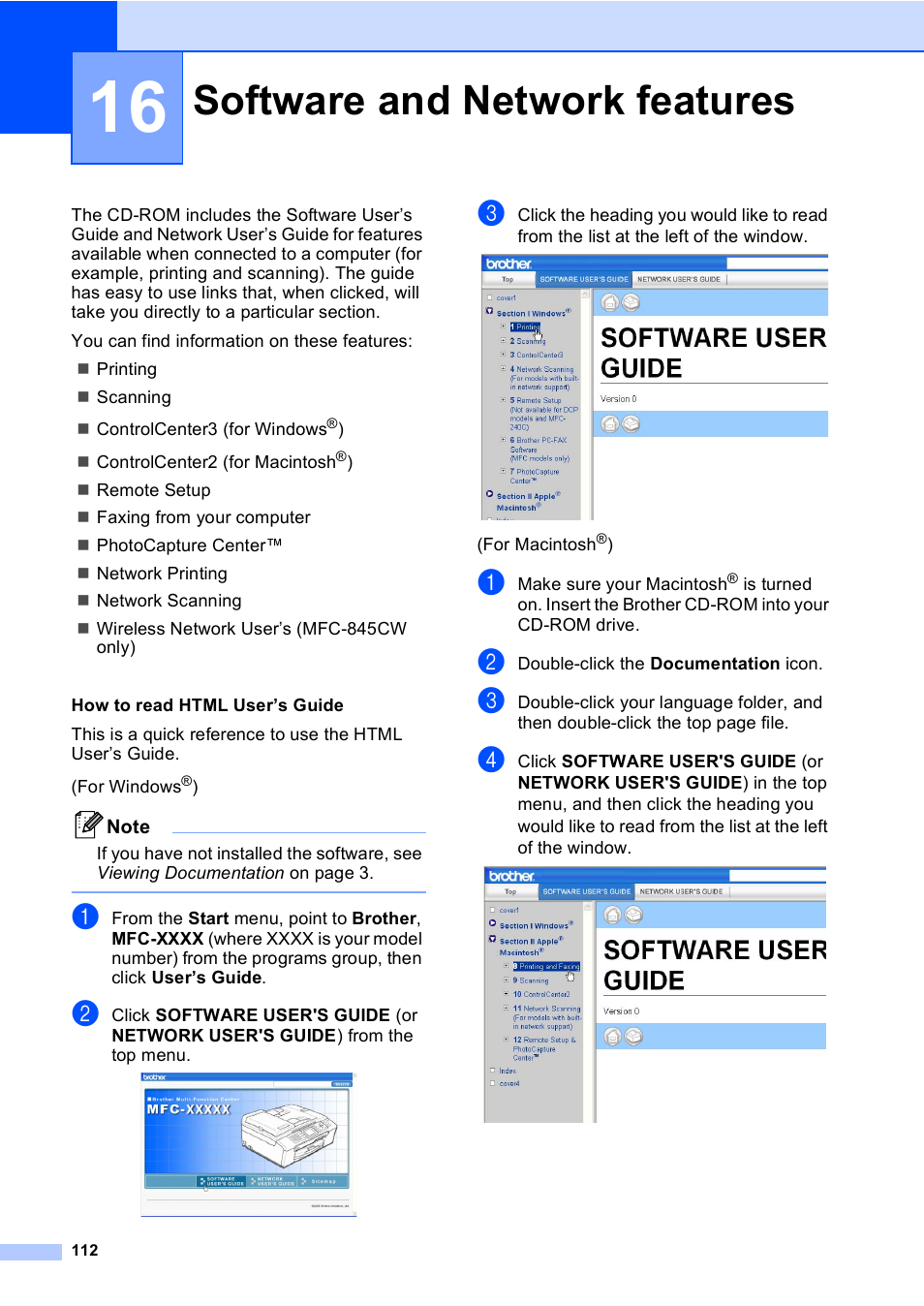 16 software and network features, Software and network features 112, Software and network features | Brother MFC-440CN User Manual | Page 124 / 201