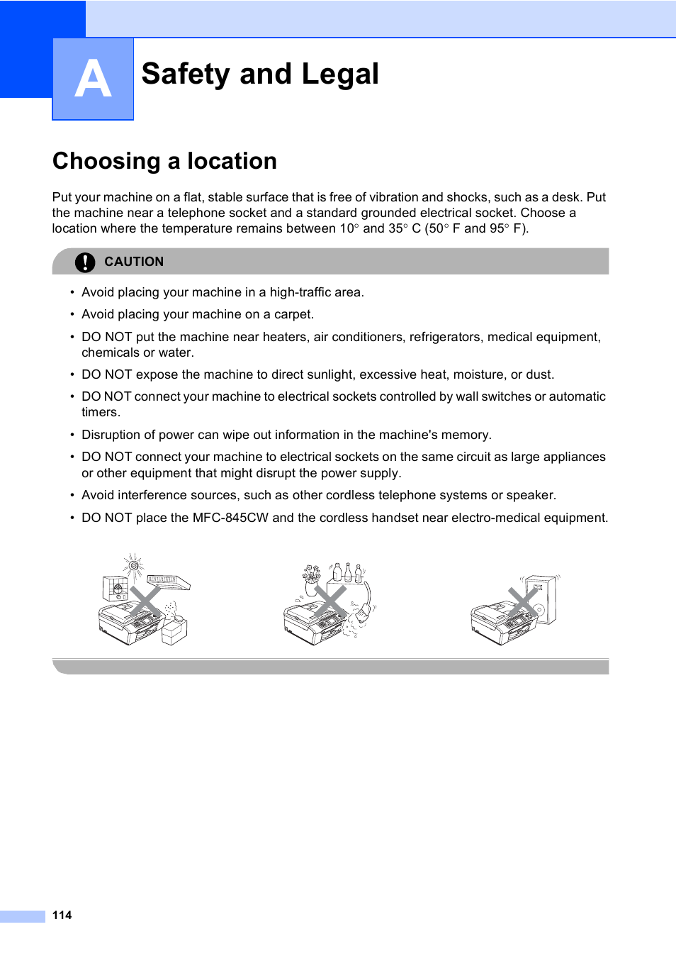 A safety and legal, Choosing a location, Safety and legal 114 | Safety and legal | Brother MFC-440CN User Manual | Page 126 / 201