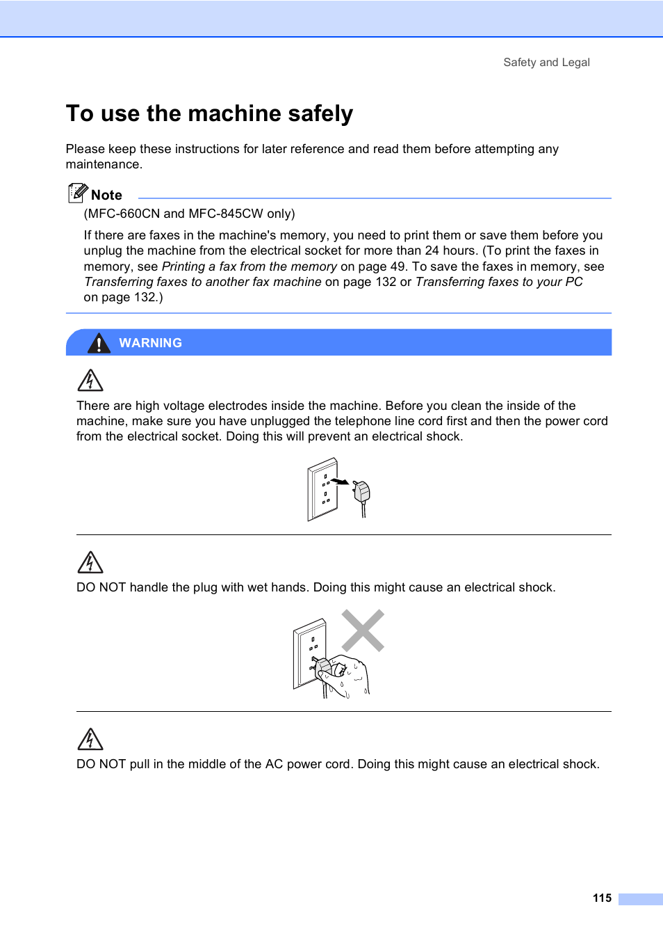 To use the machine safely, Warning, Safety and legal 115 | Brother MFC-440CN User Manual | Page 127 / 201