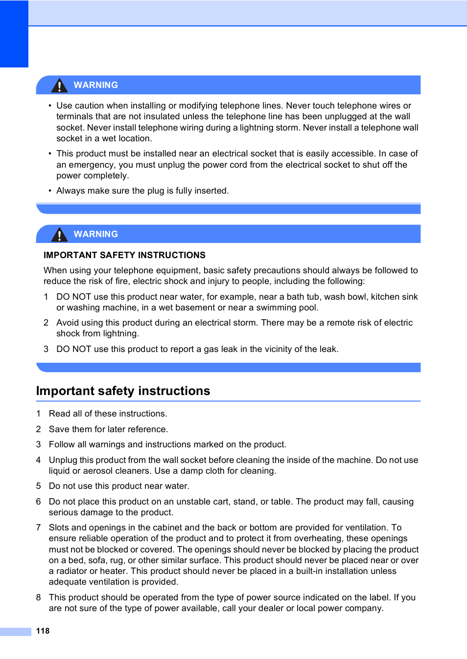 Important safety instructions | Brother MFC-440CN User Manual | Page 130 / 201