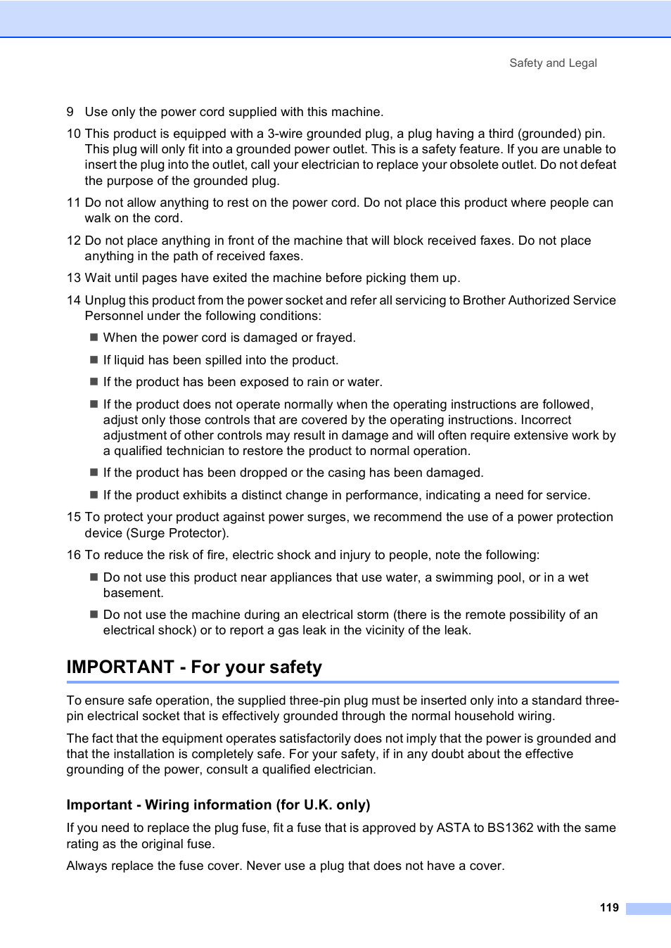 Important - for your safety, Important - wiring information (for u.k. only) | Brother MFC-440CN User Manual | Page 131 / 201